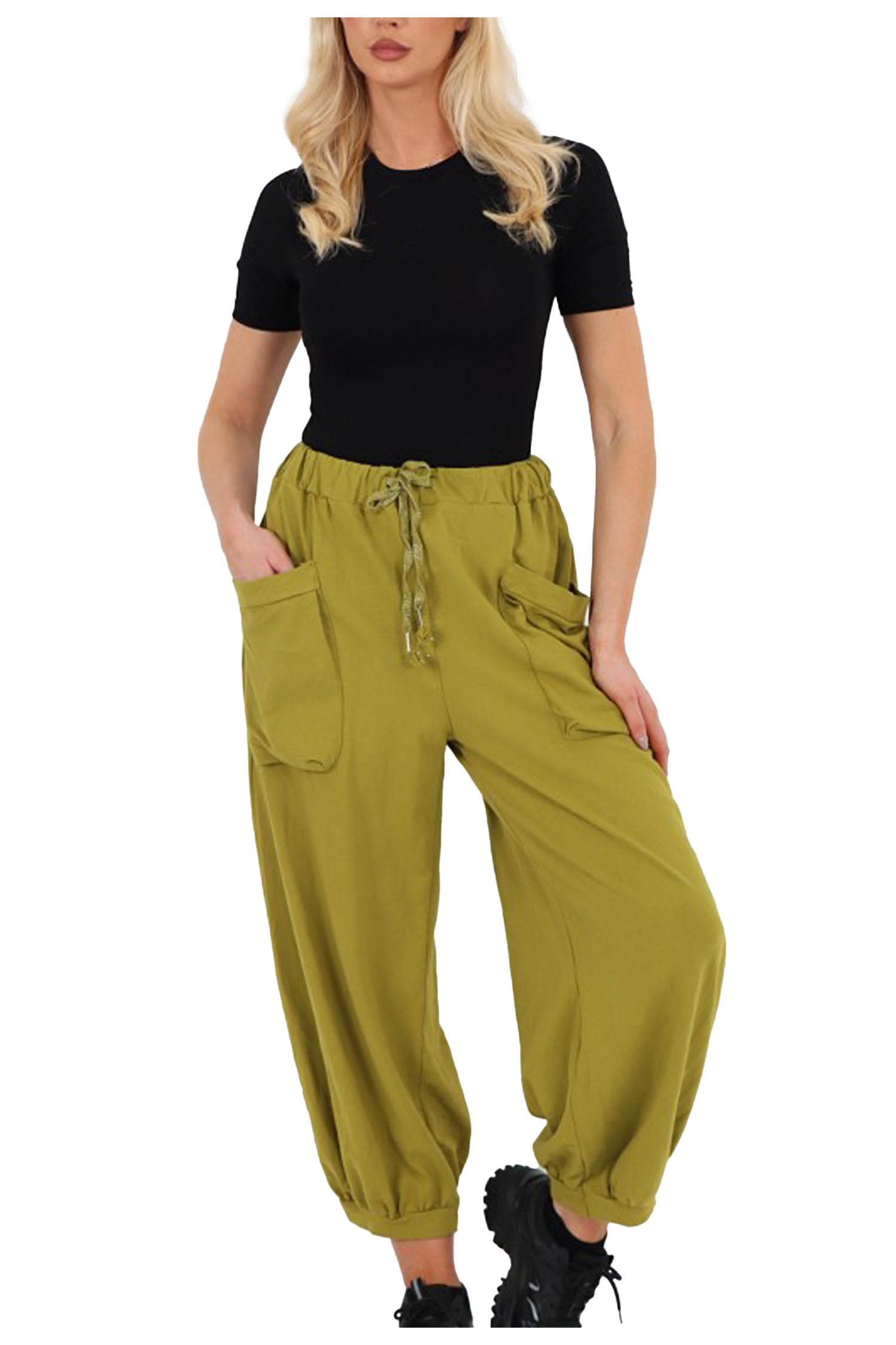 Italian Relaxed Fit Cotton Trousers With Front Pockets - Lime Green