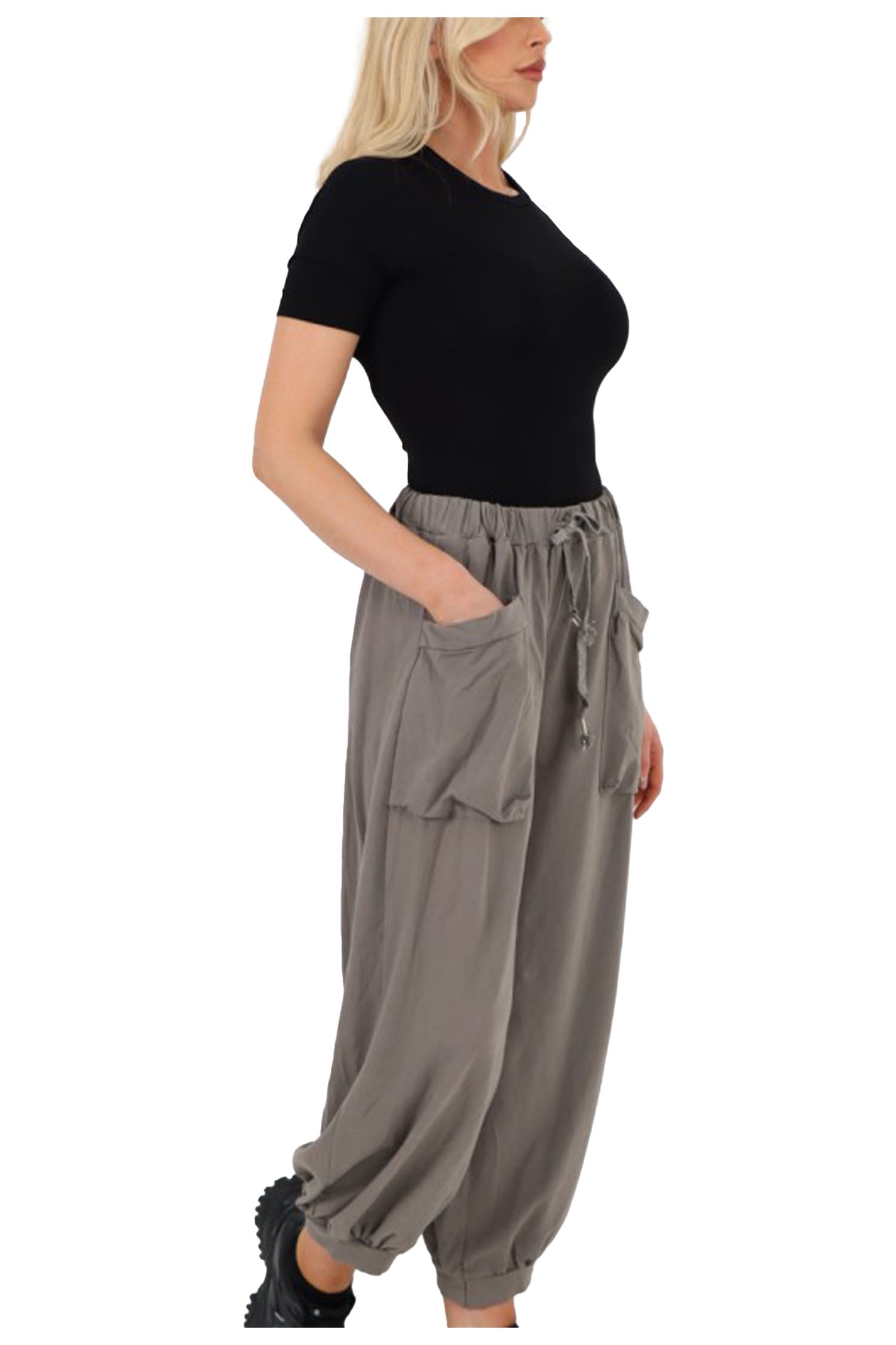 Italian Relaxed Fit Cotton Trousers With Front Pockets - Mocha