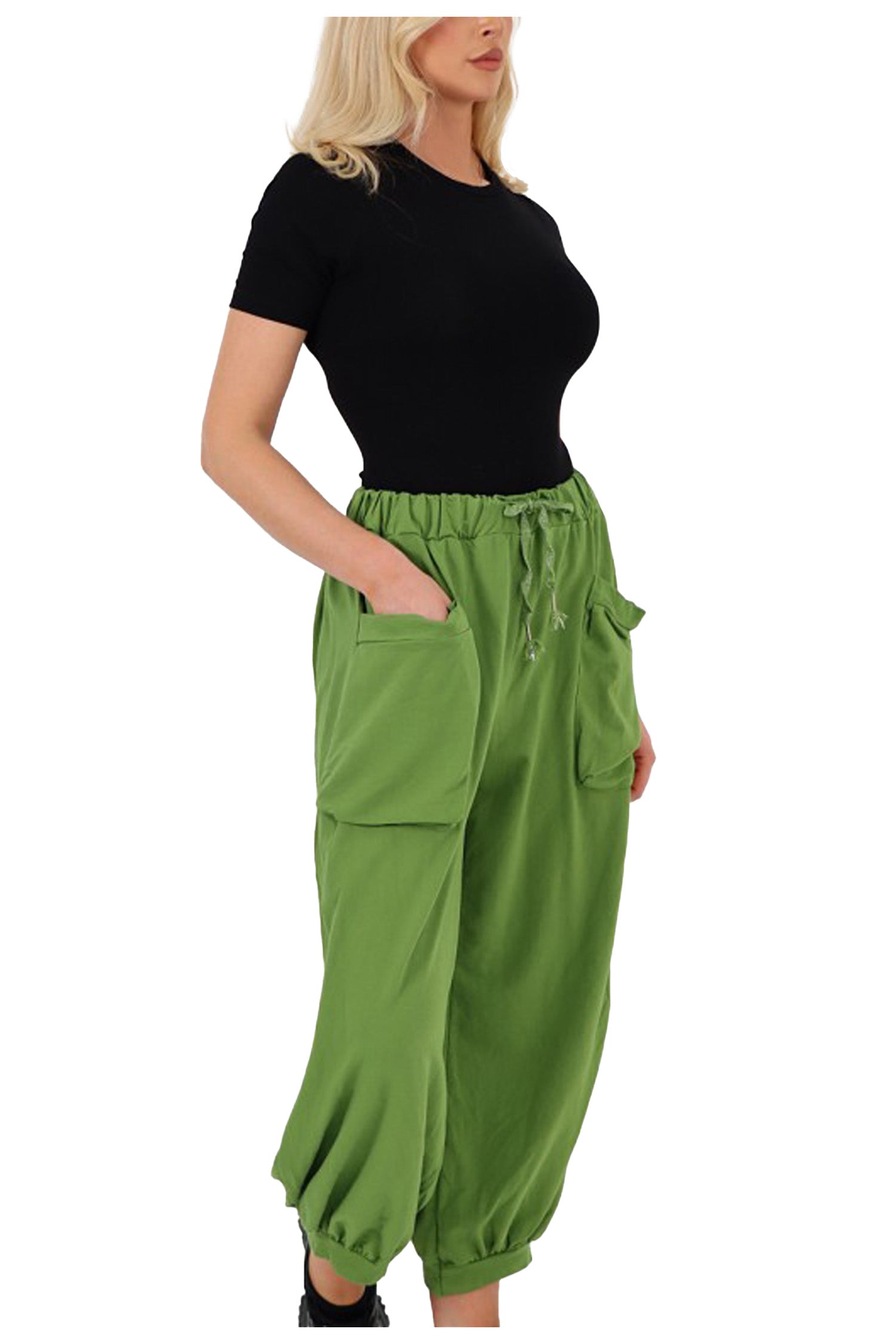 Italian Relaxed Fit Cotton Trousers With Front Pockets - Olive