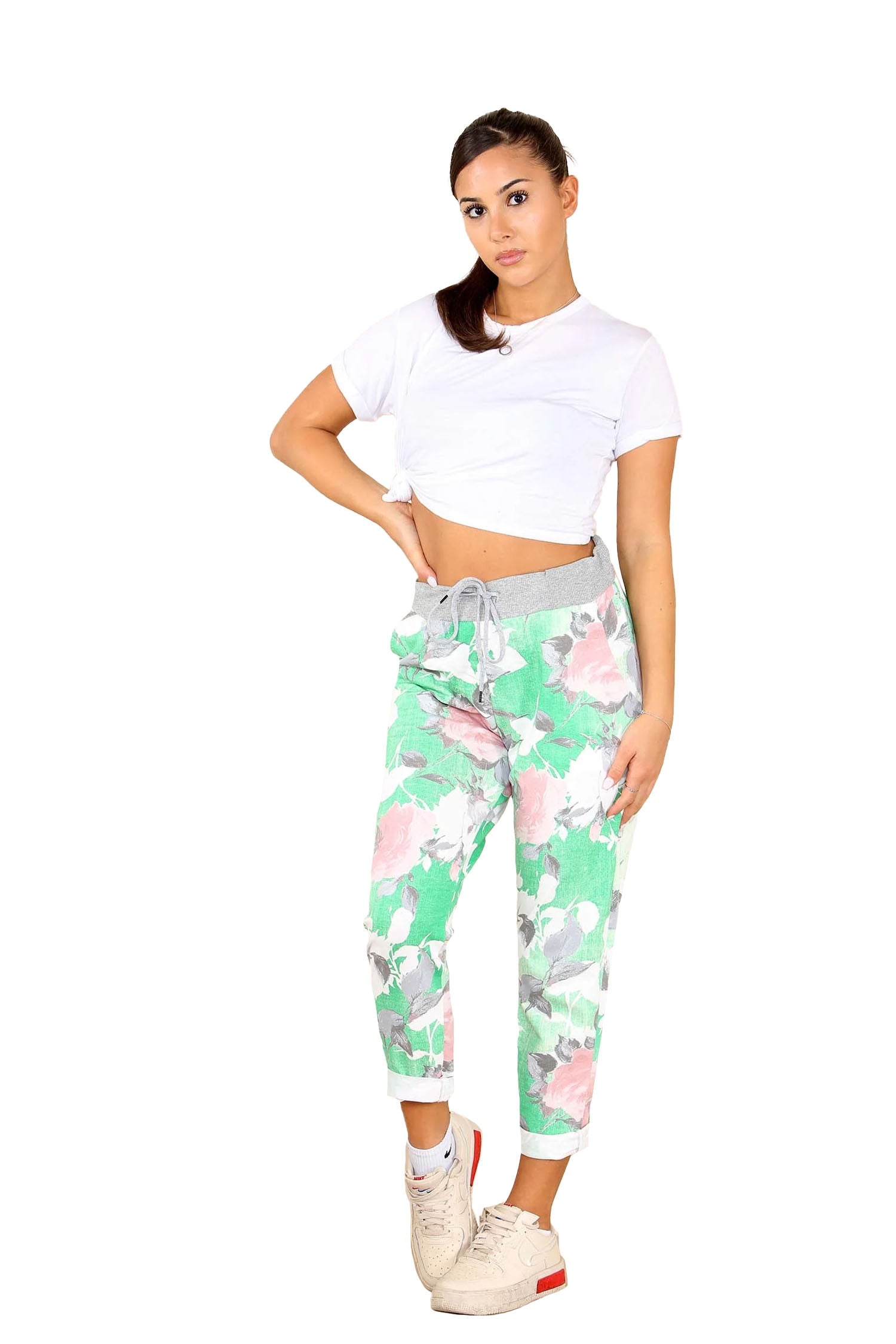 Italian Rose Flower Print Drawstring Cotton Joggers - Lime Green