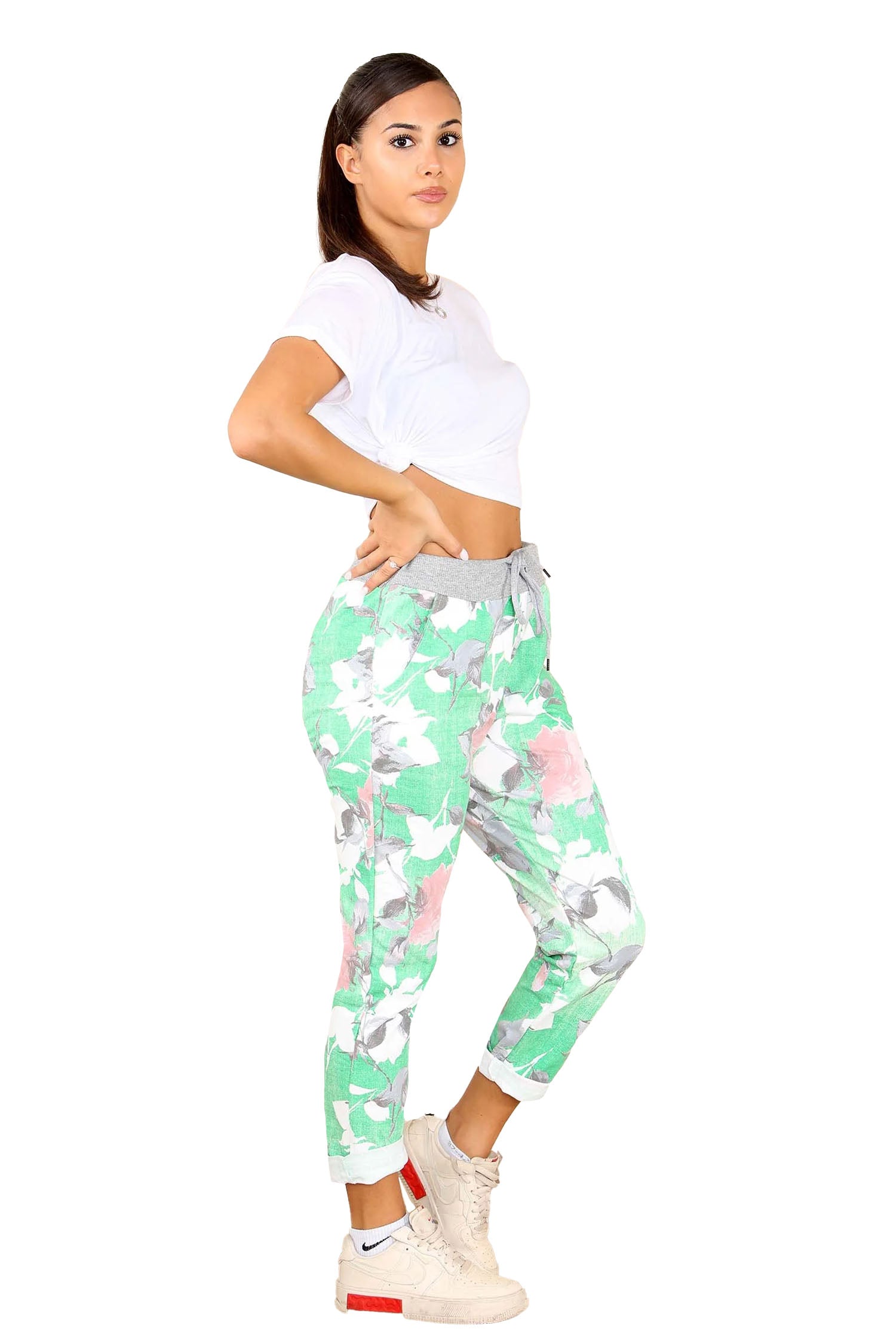 Italian Rose Flower Print Drawstring Cotton Joggers - Lime Green