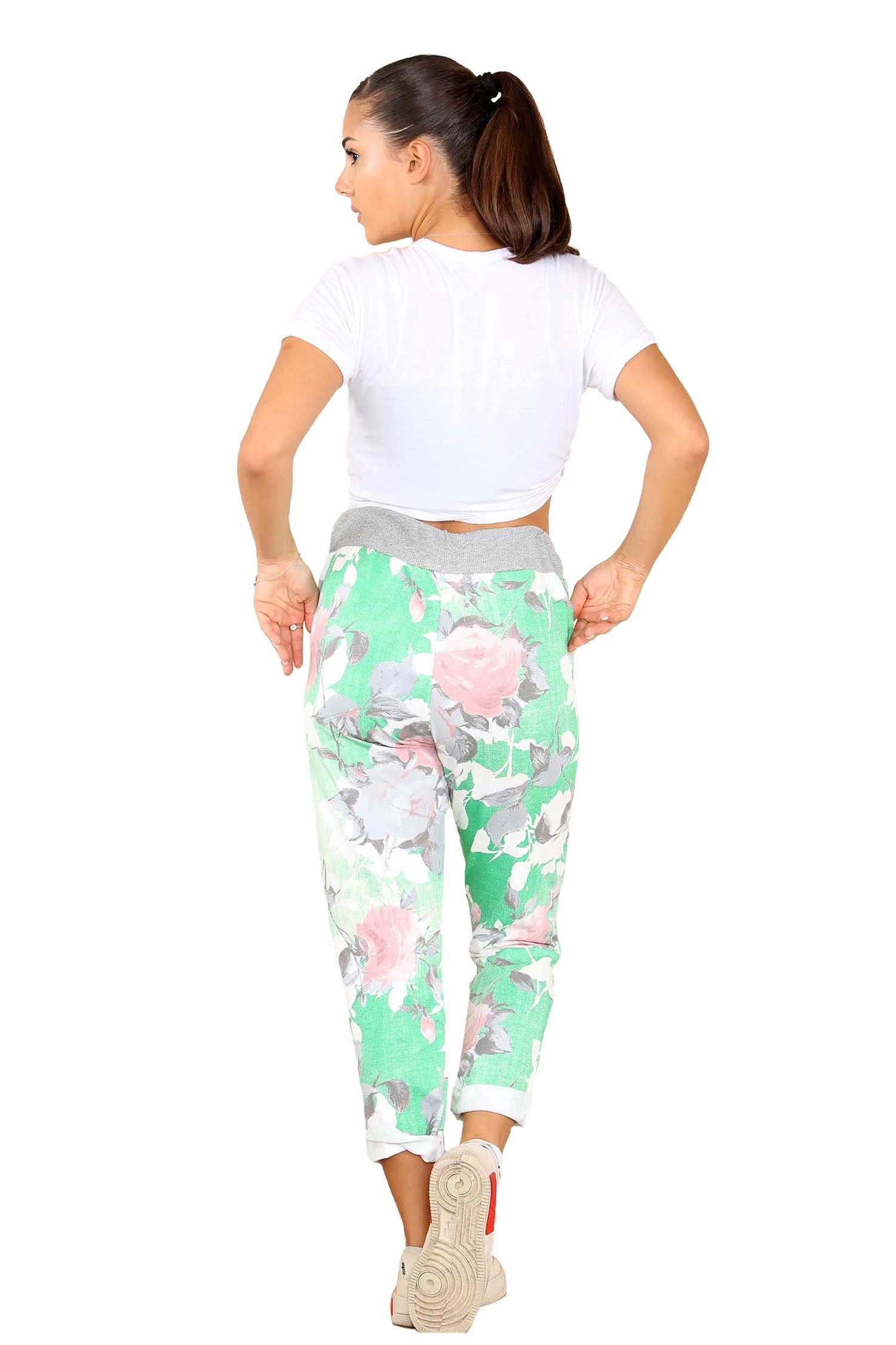 Italian Rose Flower Print Drawstring Cotton Joggers - Lime Green