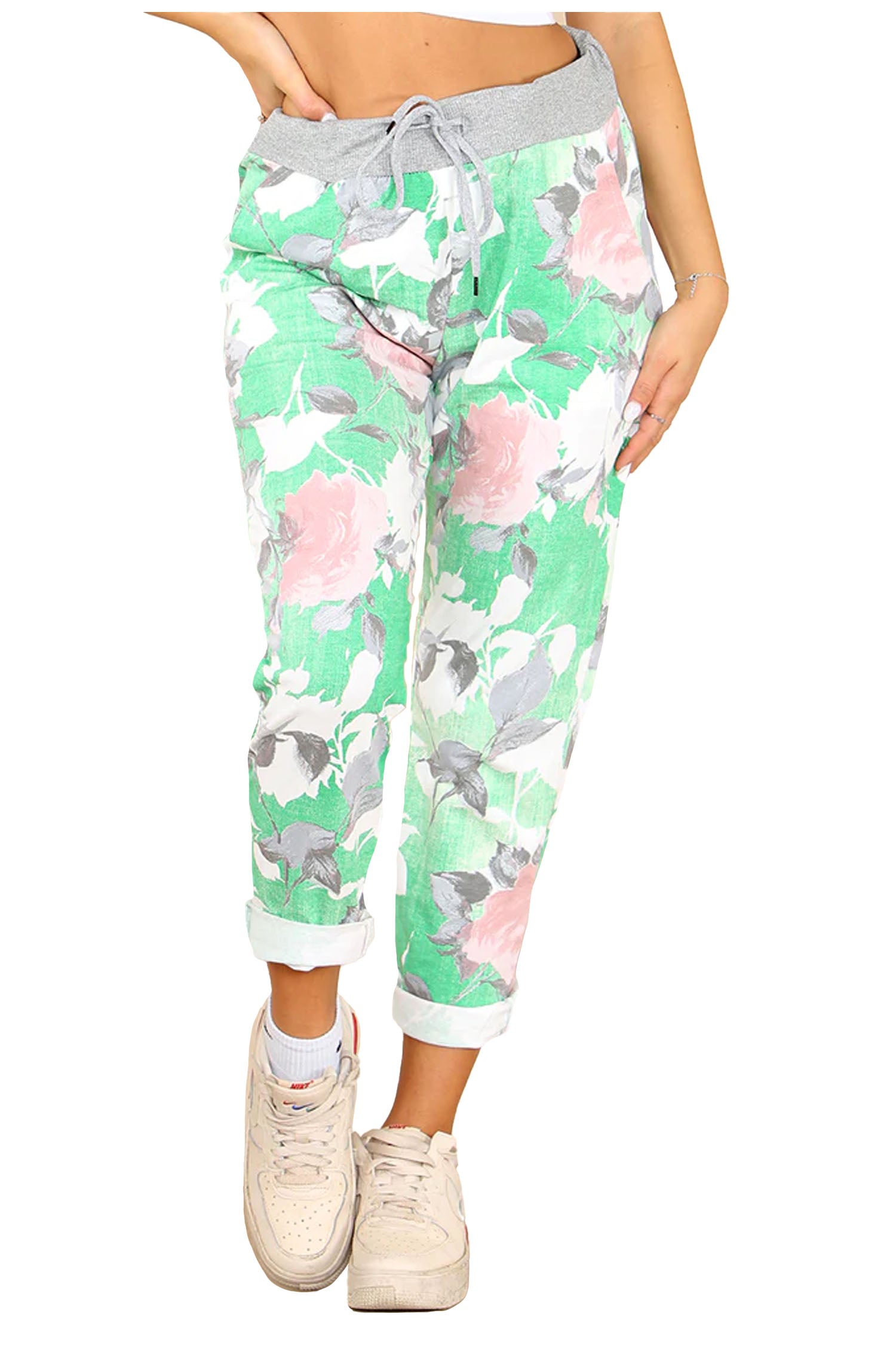 Italian Rose Flower Print Drawstring Cotton Joggers - Lime Green