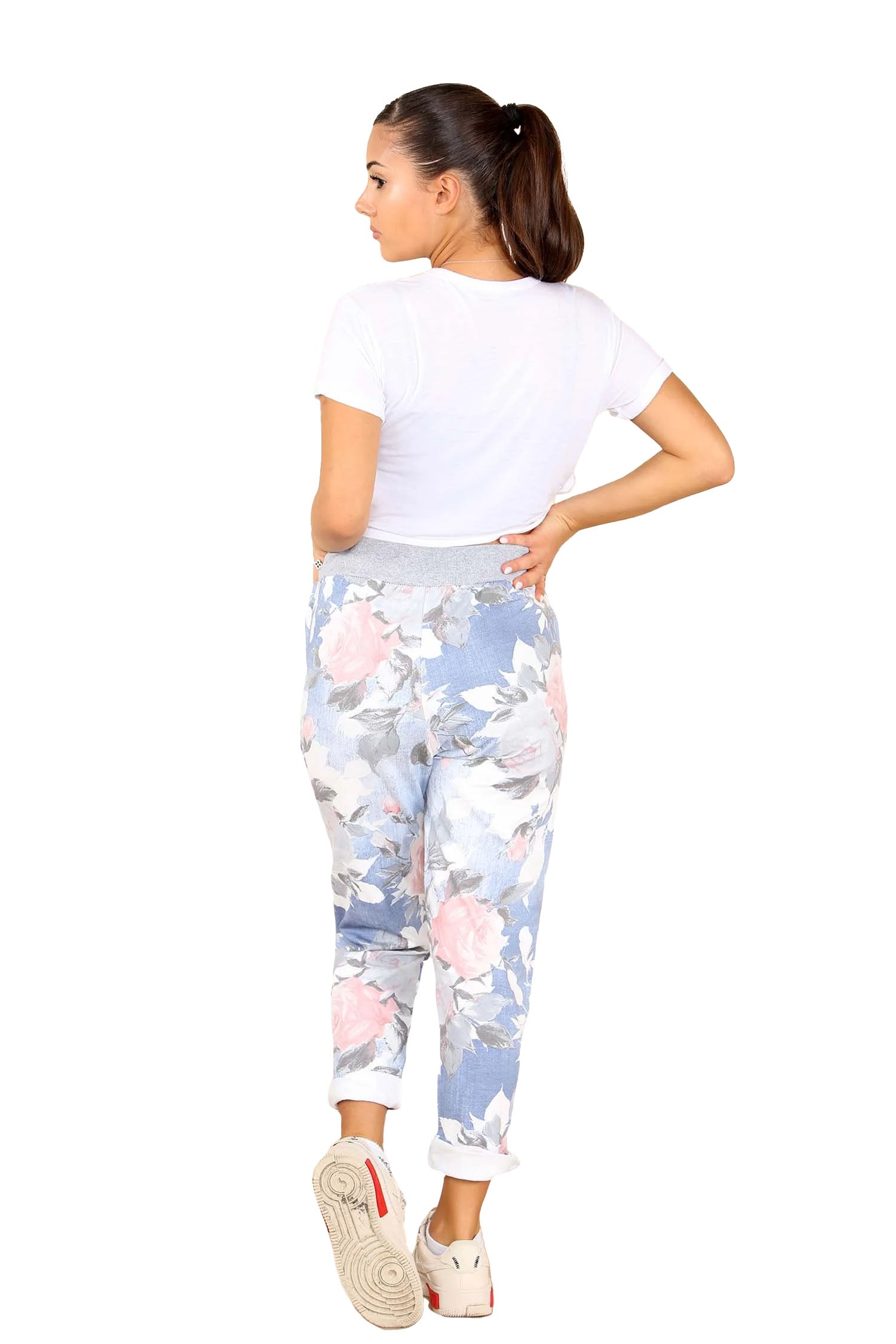 Italian Rose Flower Print Drawstring Cotton Joggers - Sky Blue