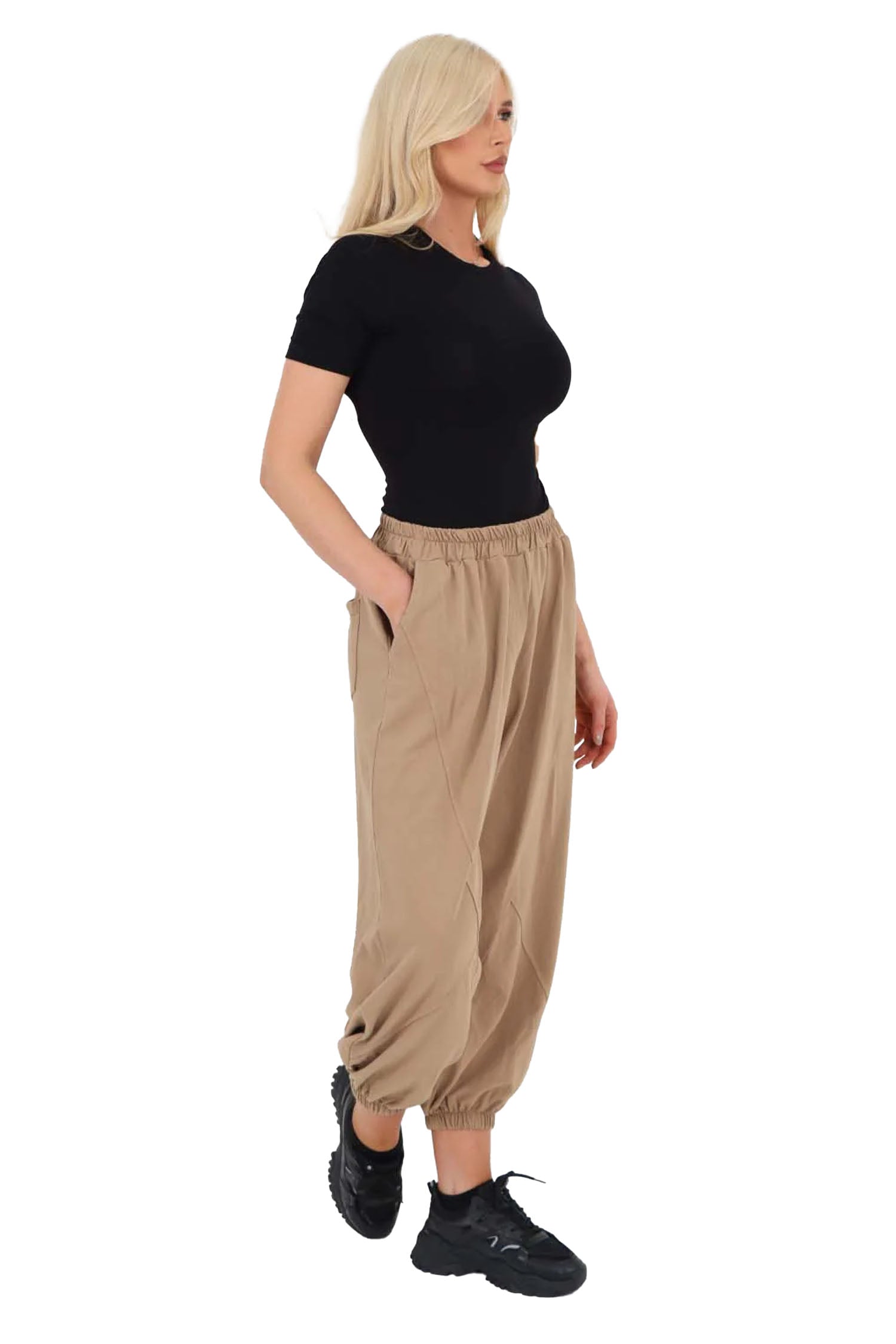 Italian Ruched Hem Cotton Trousers With Side Pockets - Beige