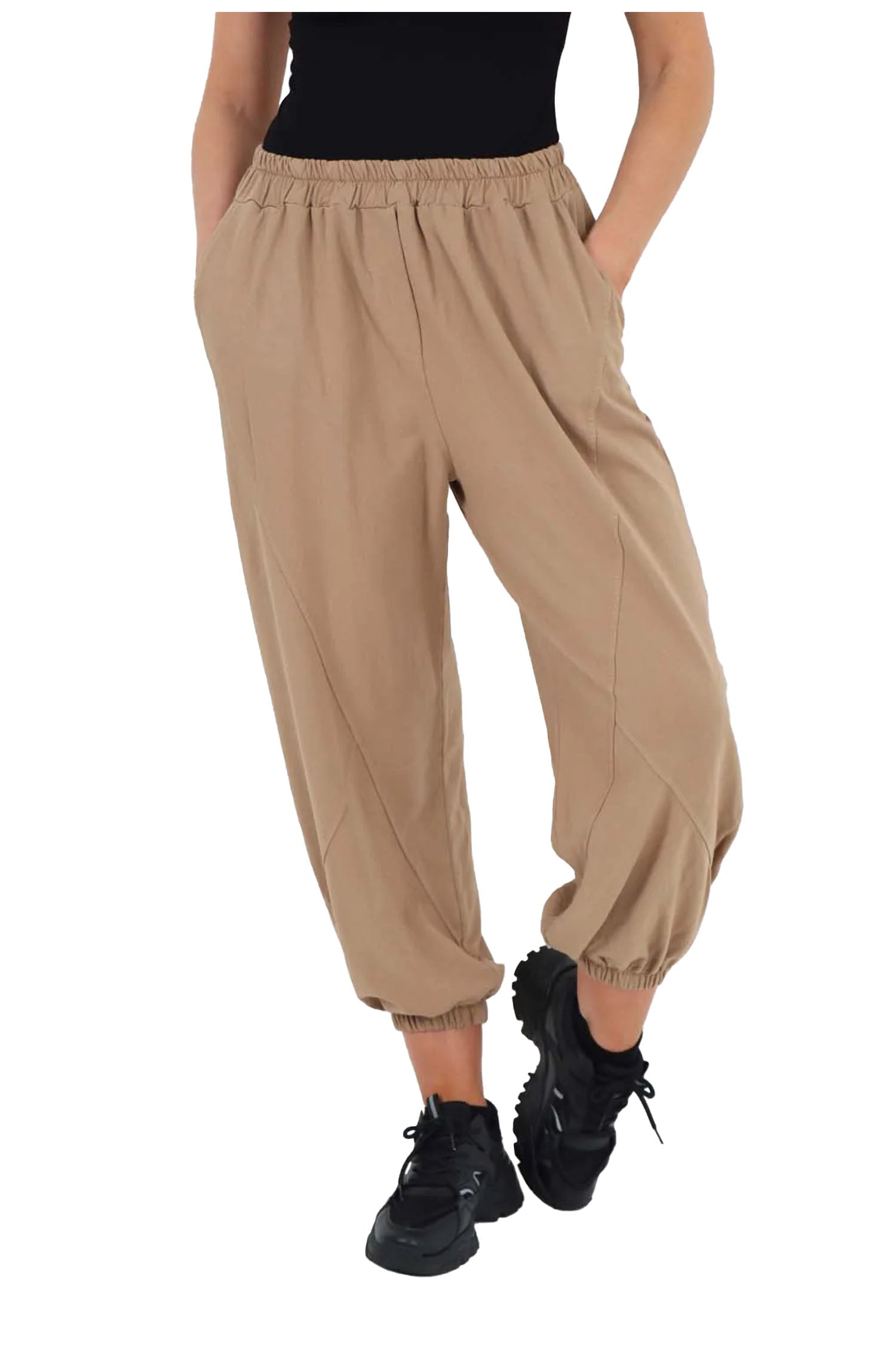 Italian Ruched Hem Cotton Trousers With Side Pockets - Beige