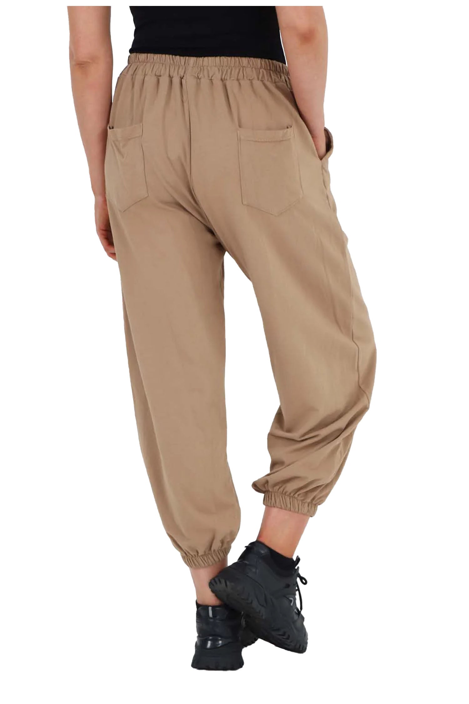 Italian Ruched Hem Cotton Trousers With Side Pockets - Beige