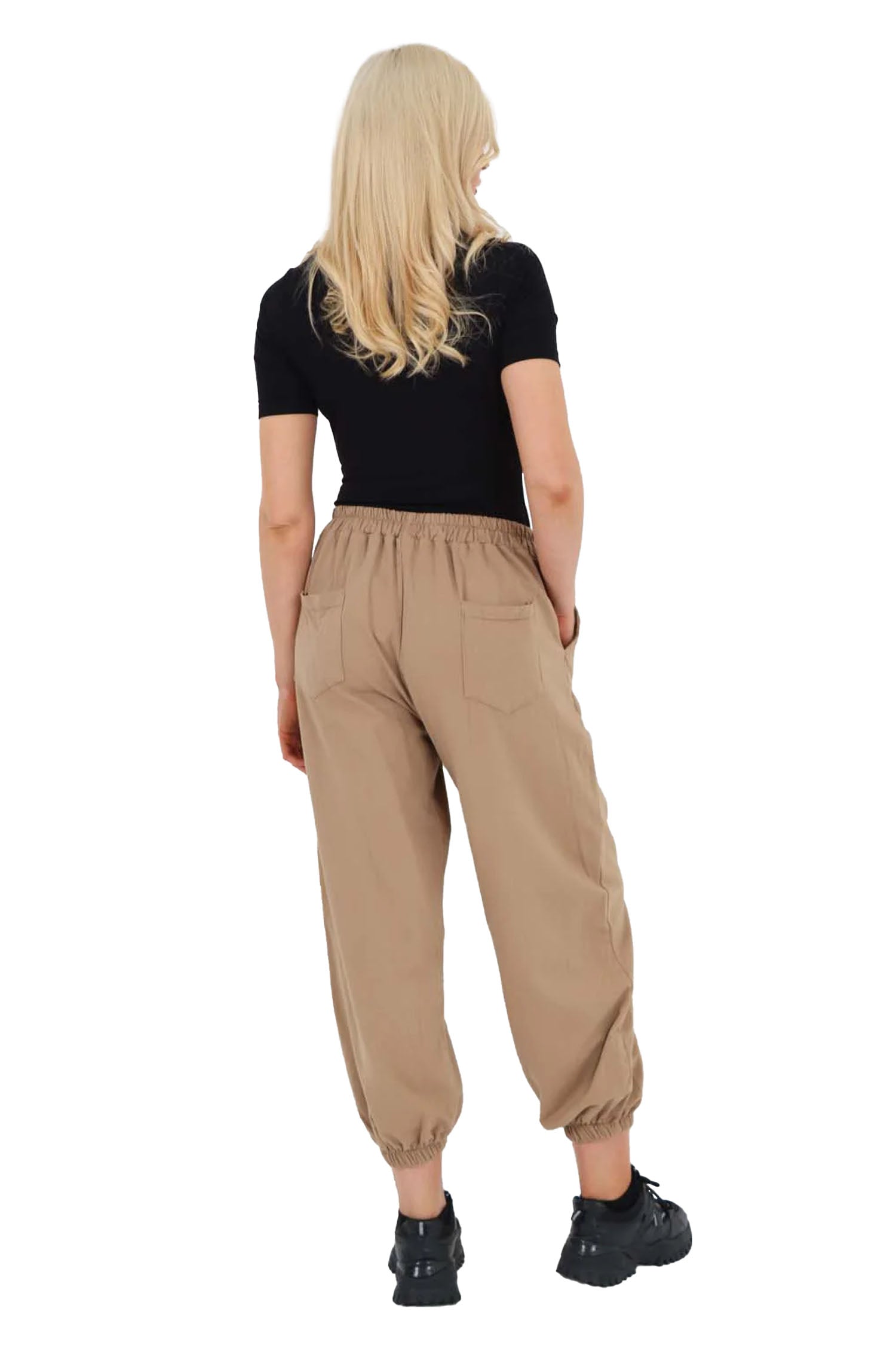 Italian Ruched Hem Cotton Trousers With Side Pockets - Beige