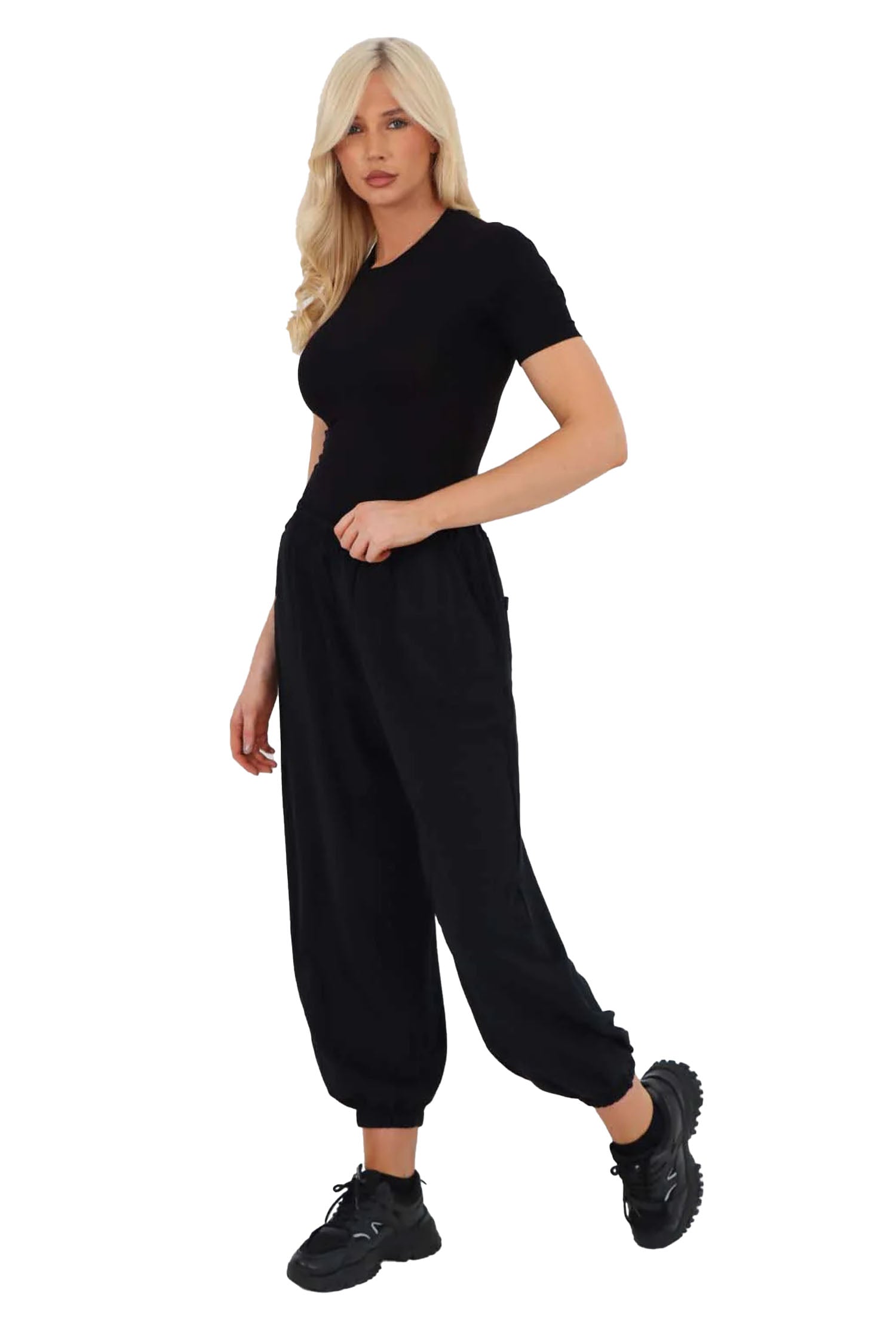 Italian Ruched Hem Cotton Trousers With Side Pockets - Black