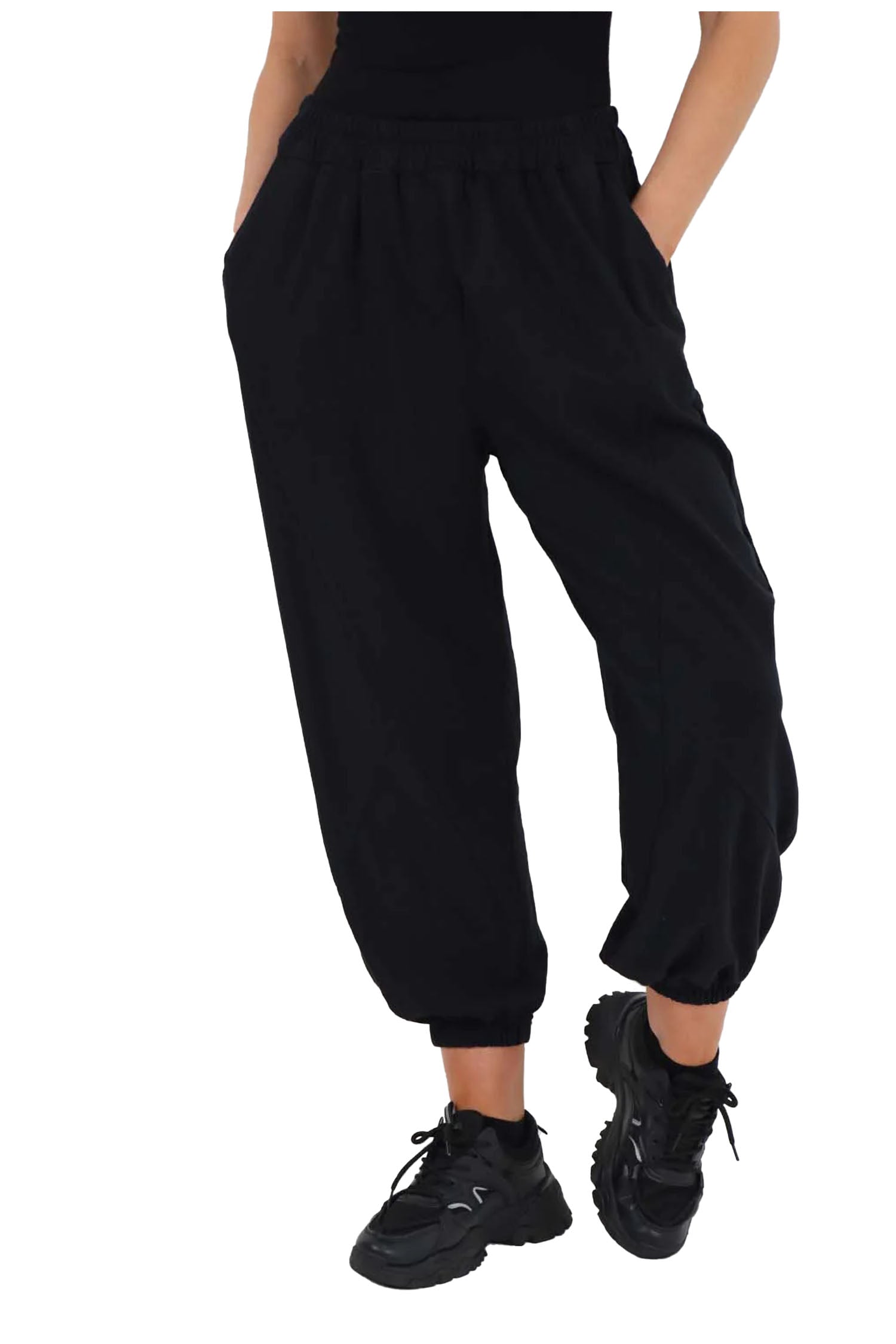 Italian Ruched Hem Cotton Trousers With Side Pockets - Black