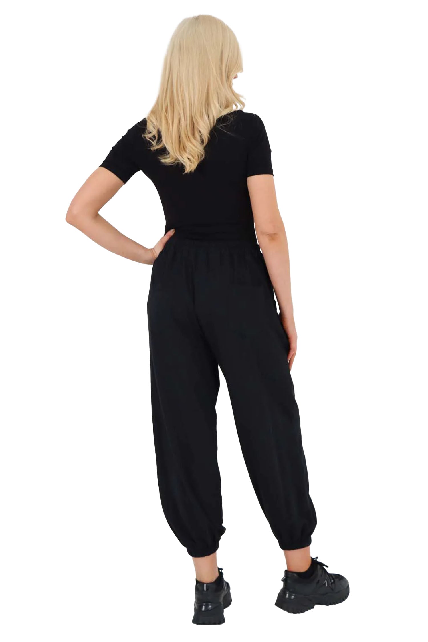 Italian Ruched Hem Cotton Trousers With Side Pockets - Black