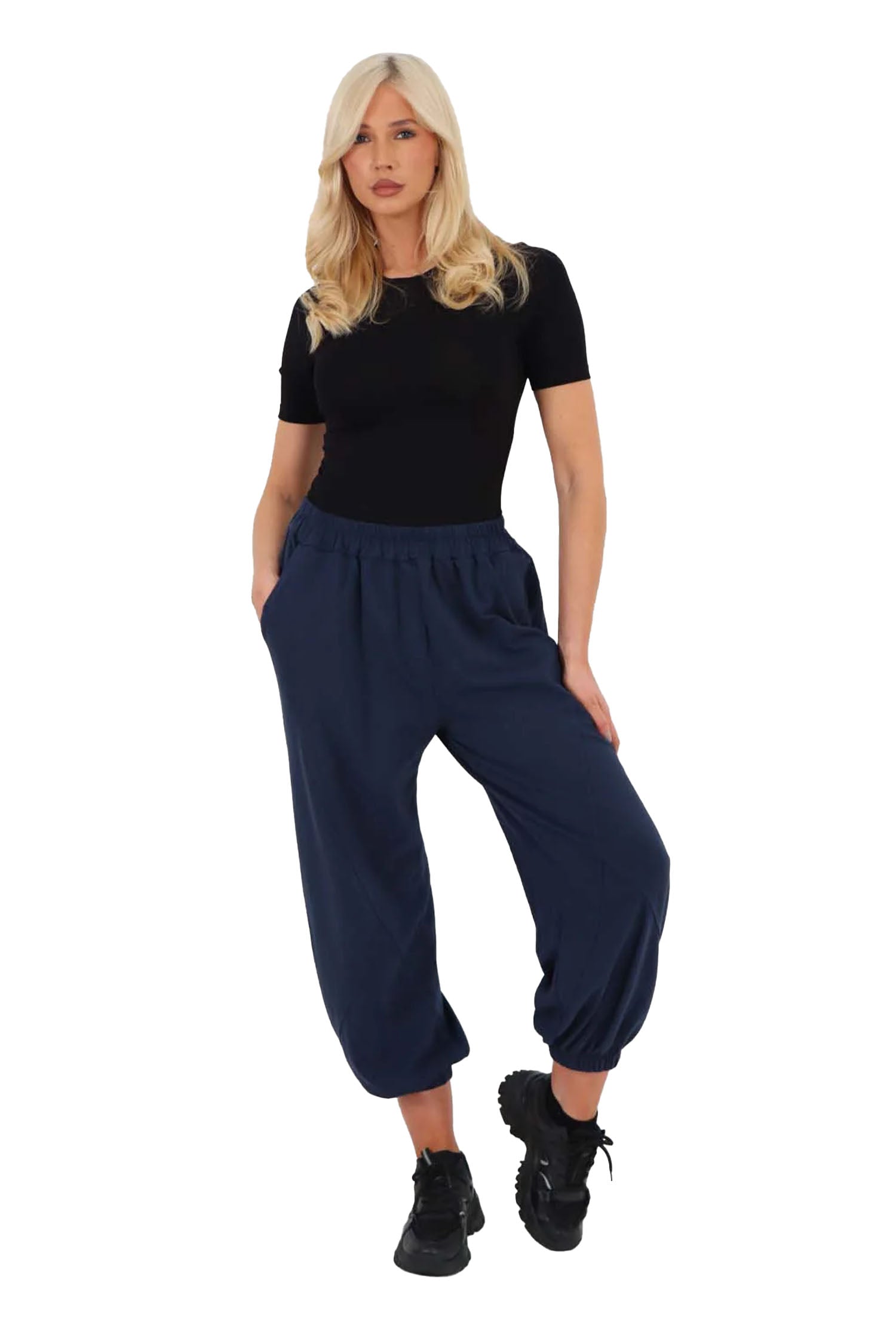 Italian Ruched Hem Cotton Trousers With Side Pockets - Blue