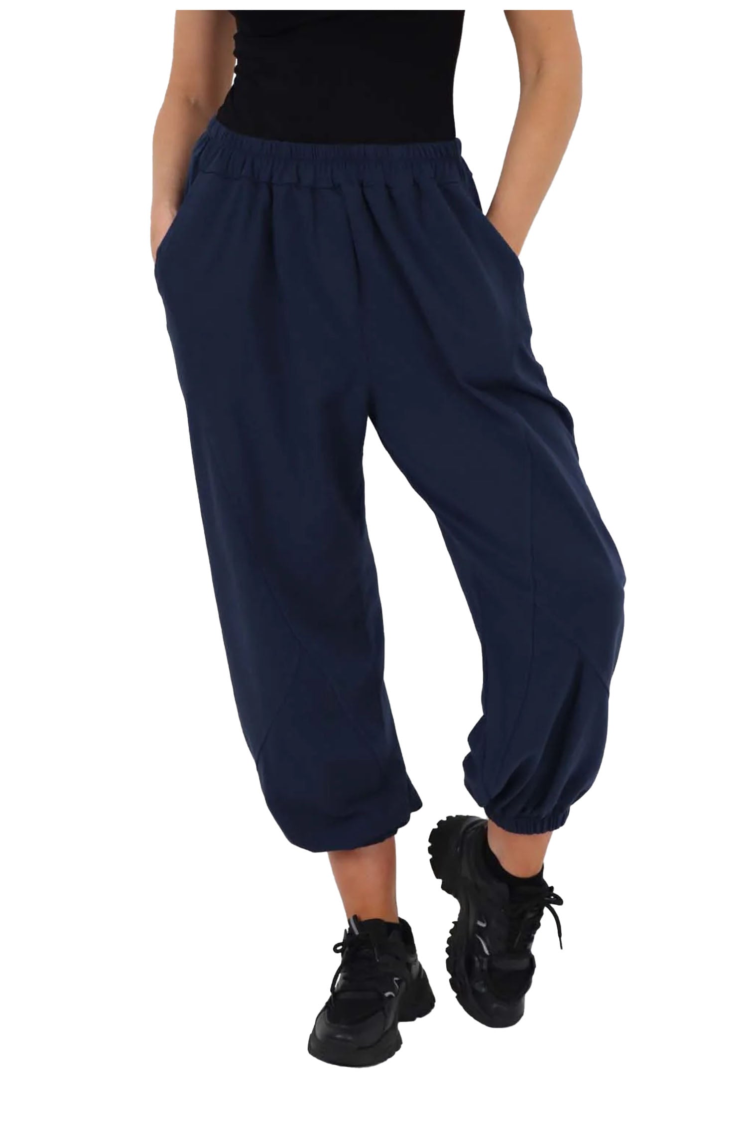 Italian Ruched Hem Cotton Trousers With Side Pockets - Blue