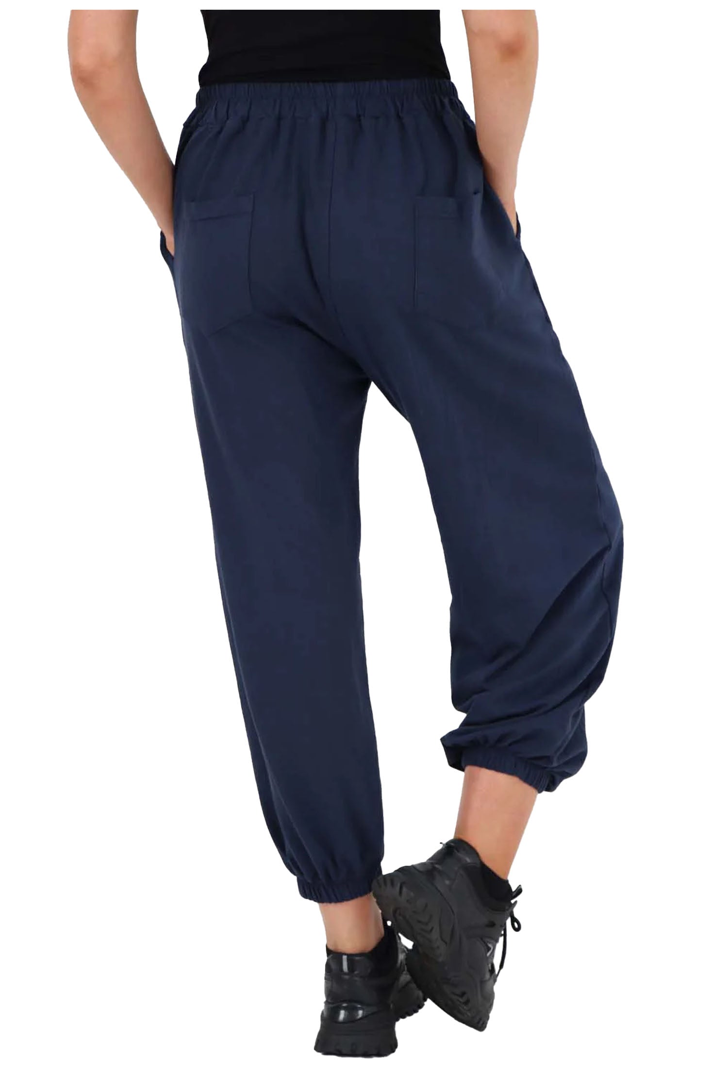 Italian Ruched Hem Cotton Trousers With Side Pockets - Blue