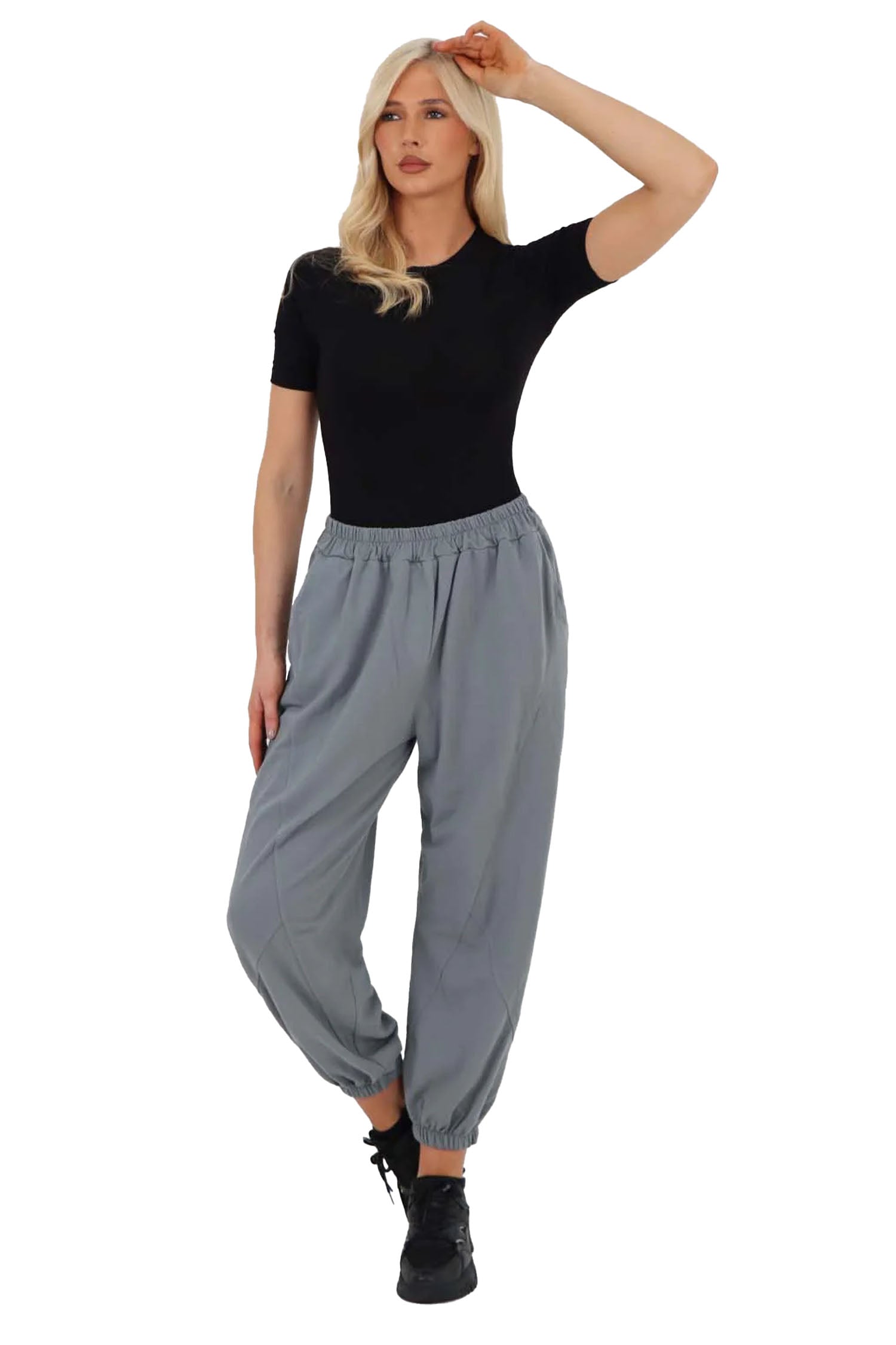 Italian Ruched Hem Cotton Trousers With Side Pockets - Dark Grey