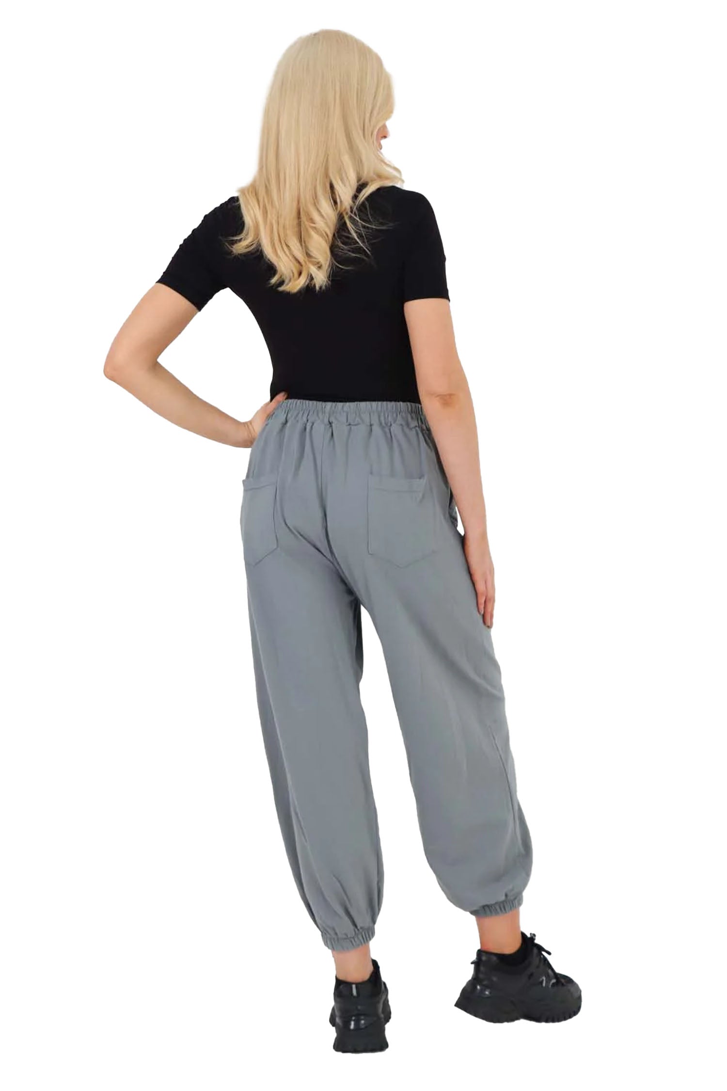 Italian Ruched Hem Cotton Trousers With Side Pockets - Dark Grey