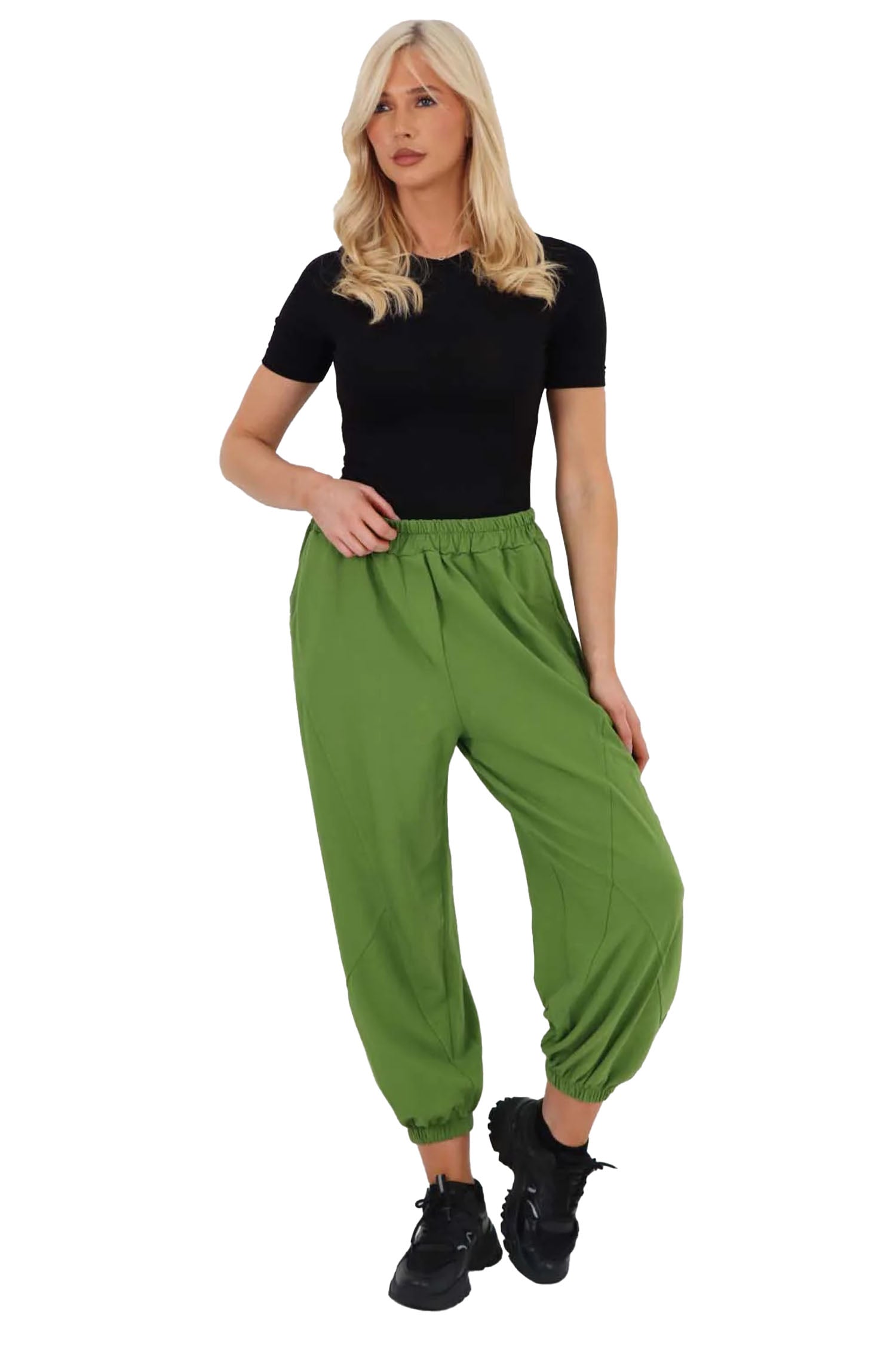 Italian Ruched Hem Cotton Trousers With Side Pockets - Green