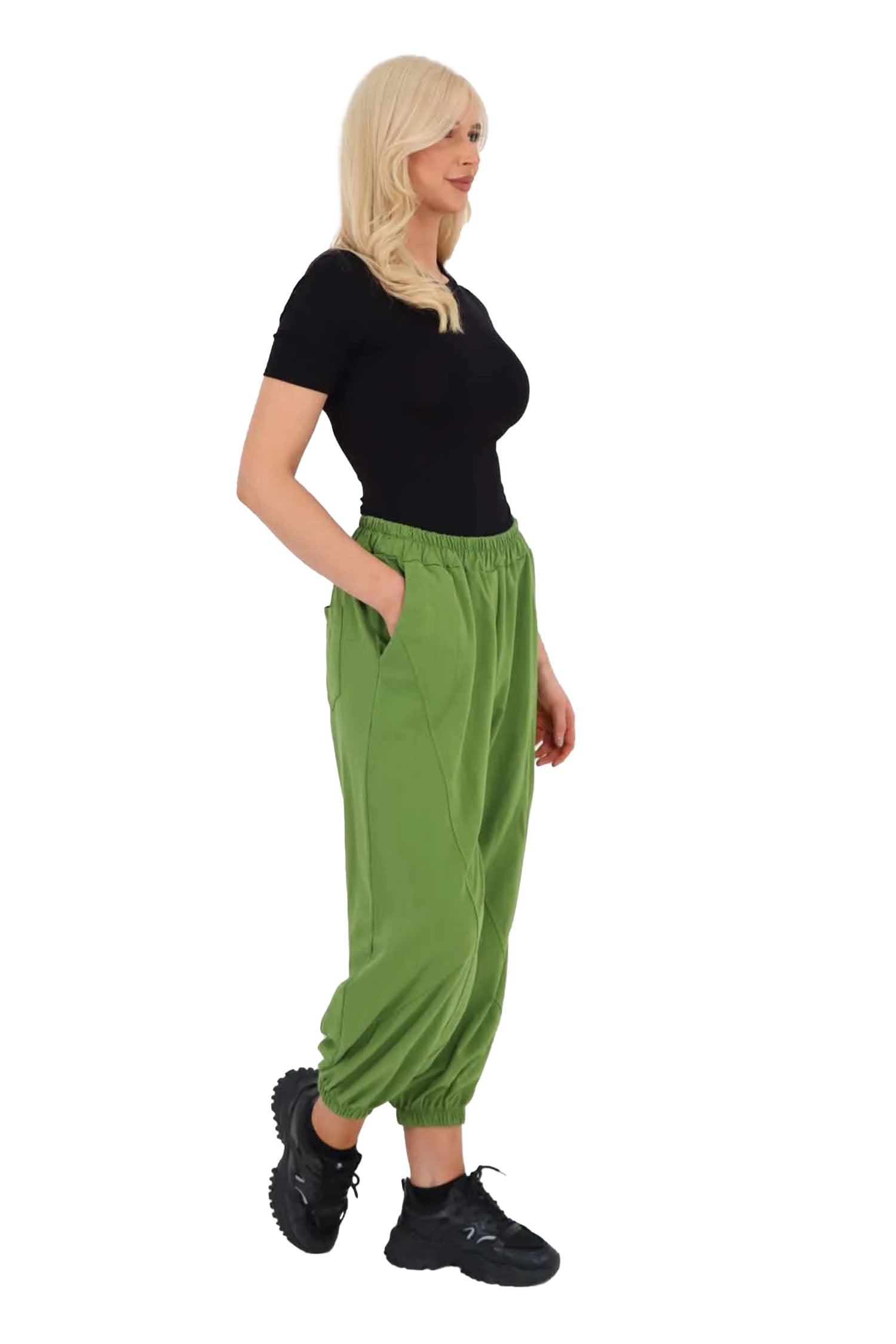 Italian Ruched Hem Cotton Trousers With Side Pockets - Green