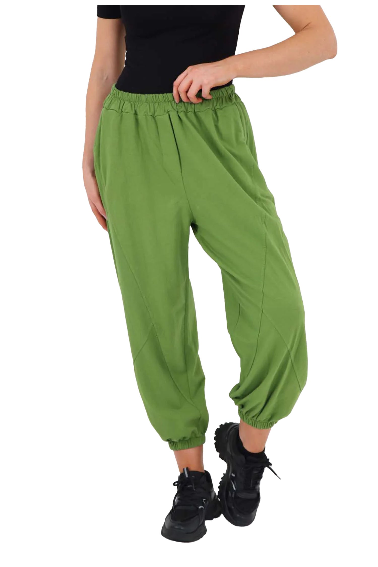 Italian Ruched Hem Cotton Trousers With Side Pockets - Green