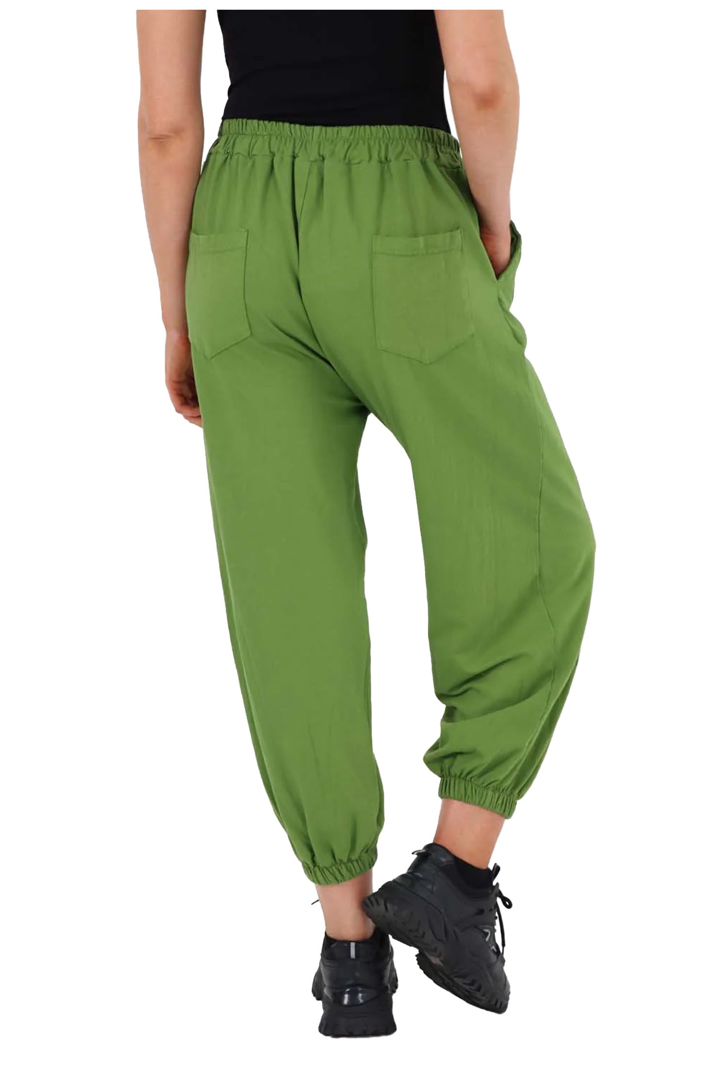 Italian Ruched Hem Cotton Trousers With Side Pockets - Green