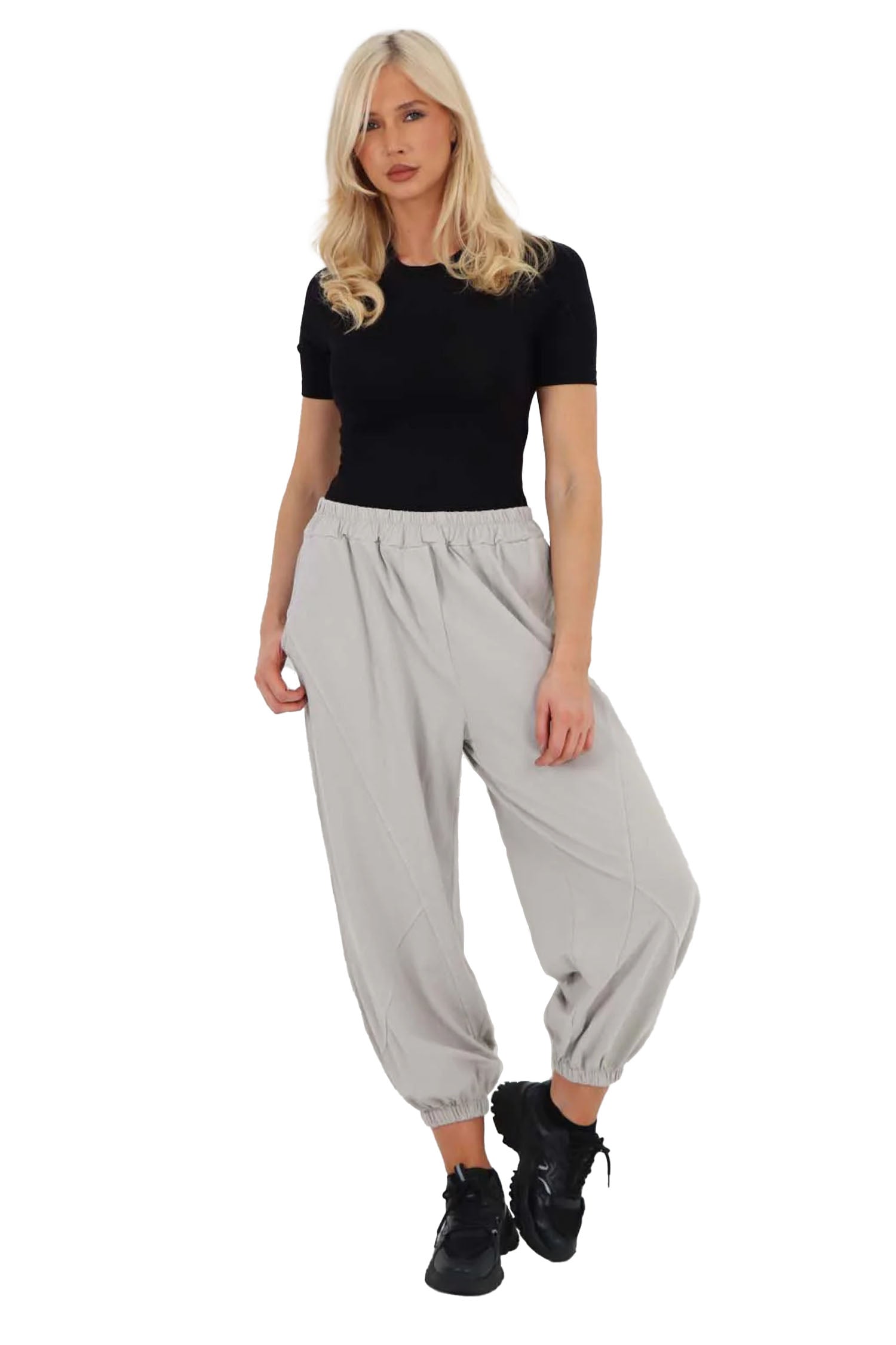 Italian Ruched Hem Cotton Trousers With Side Pockets - Grey