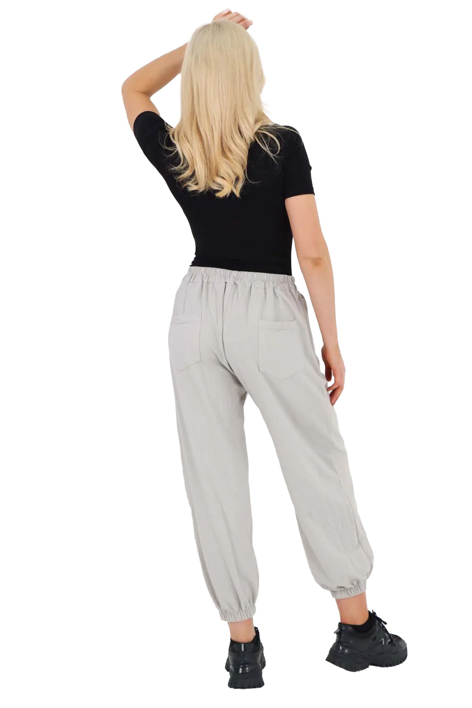 Italian Ruched Hem Cotton Trousers With Side Pockets - Grey