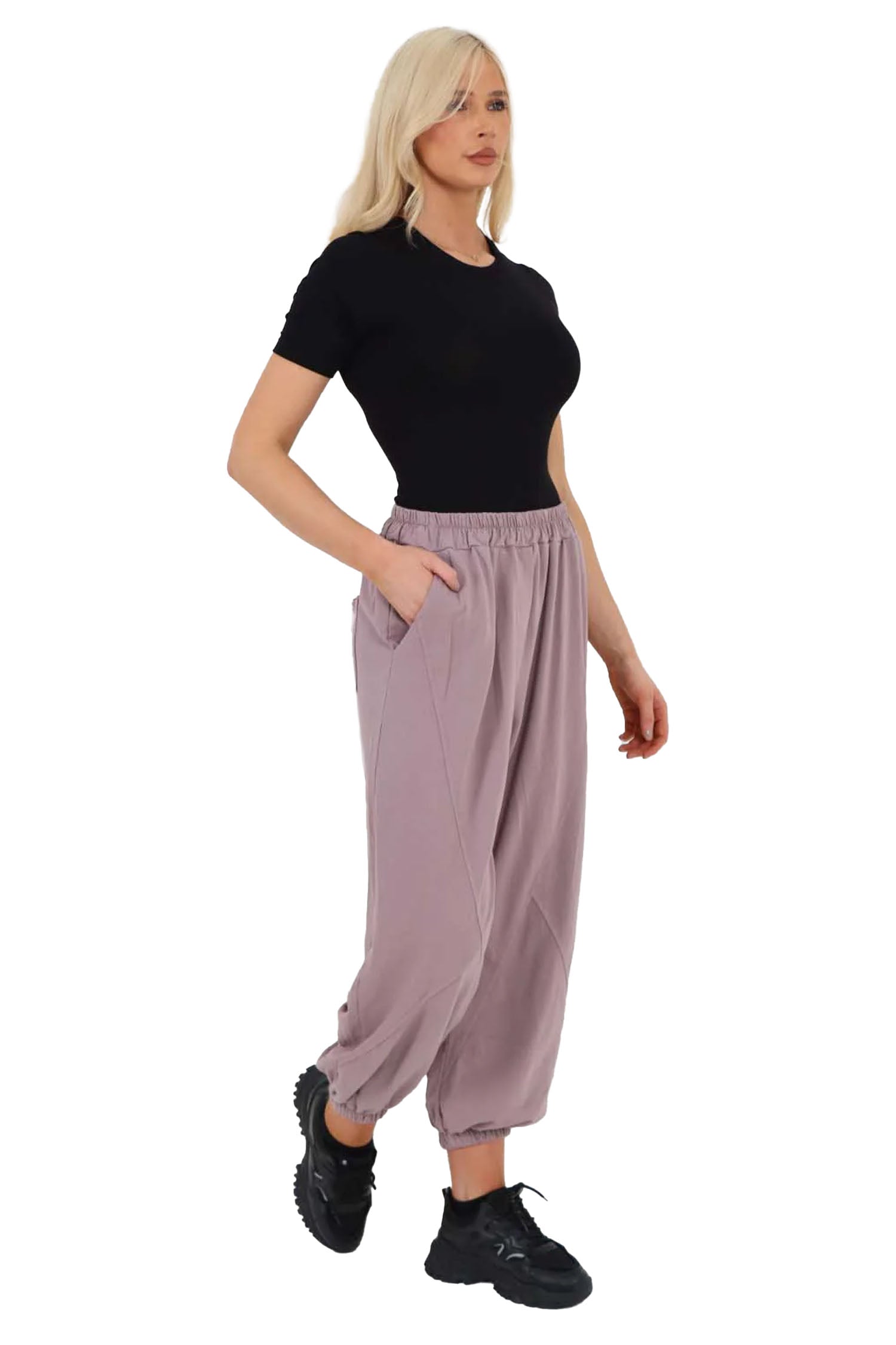 Italian Ruched Hem Cotton Trousers With Side Pockets - Lilac