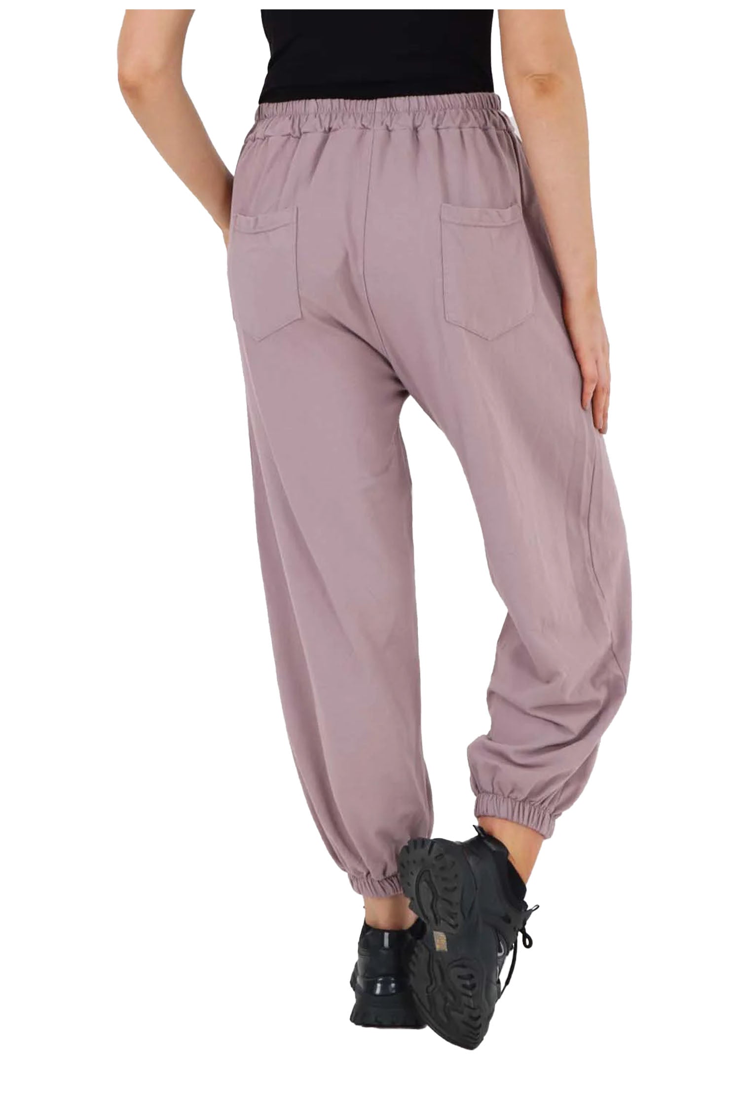 Italian Ruched Hem Cotton Trousers With Side Pockets - Lilac