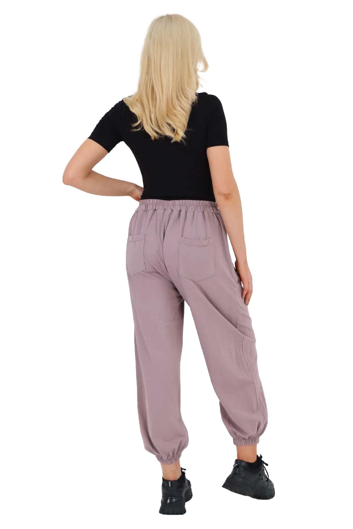 Italian Ruched Hem Cotton Trousers With Side Pockets - Lilac