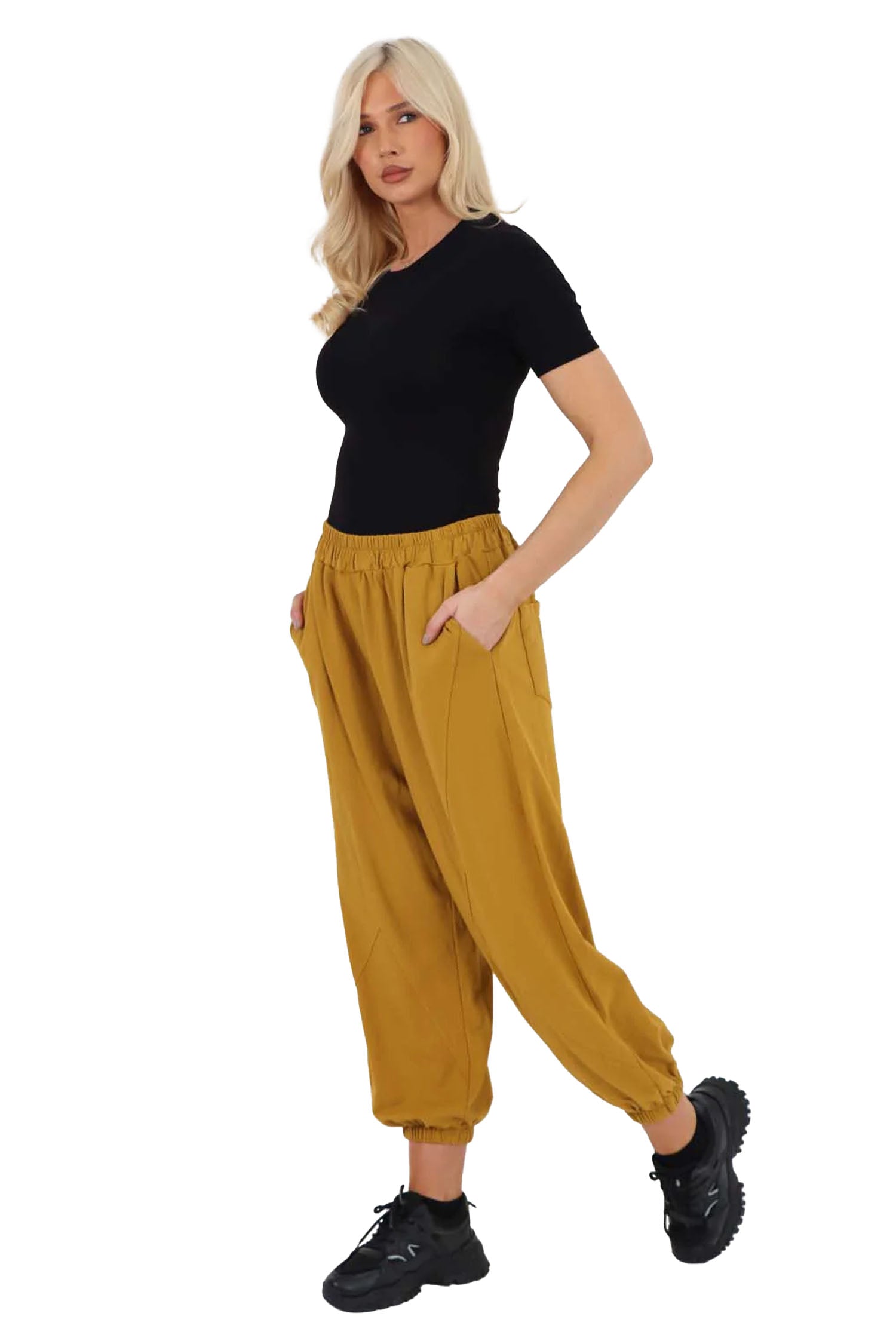 Italian Ruched Hem Cotton Trousers With Side Pockets - Mustard