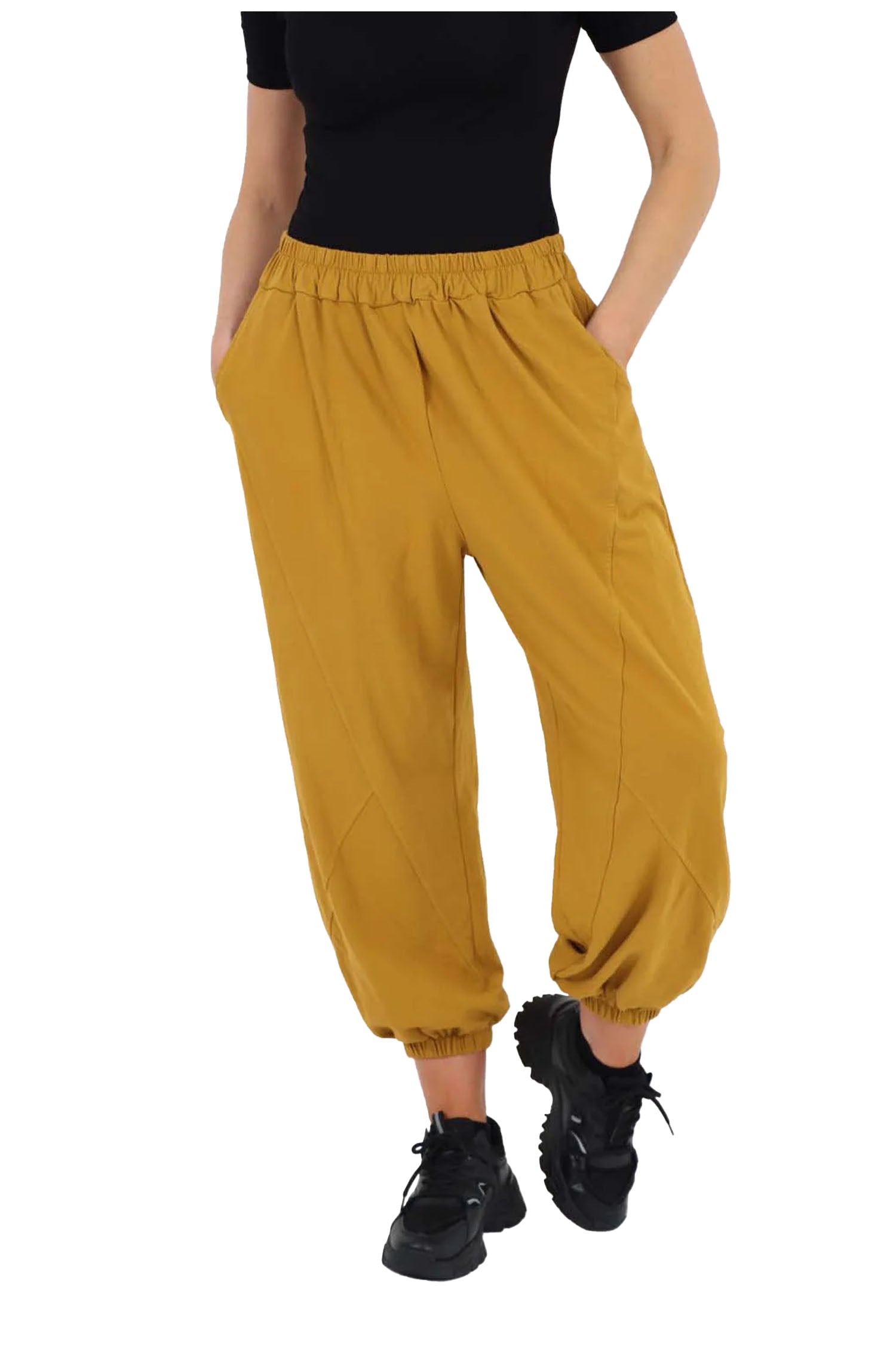 Italian Ruched Hem Cotton Trousers With Side Pockets - Mustard