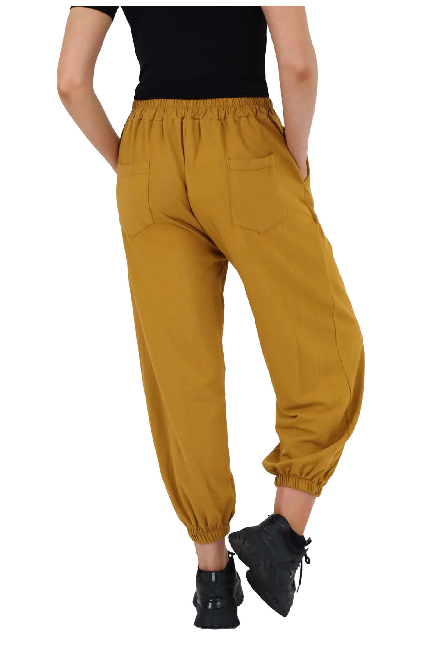 Italian Ruched Hem Cotton Trousers With Side Pockets - Mustard