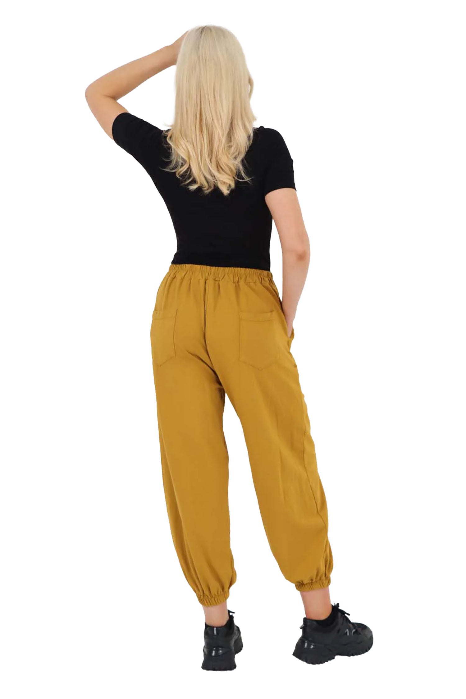 Italian Ruched Hem Cotton Trousers With Side Pockets - Mustard