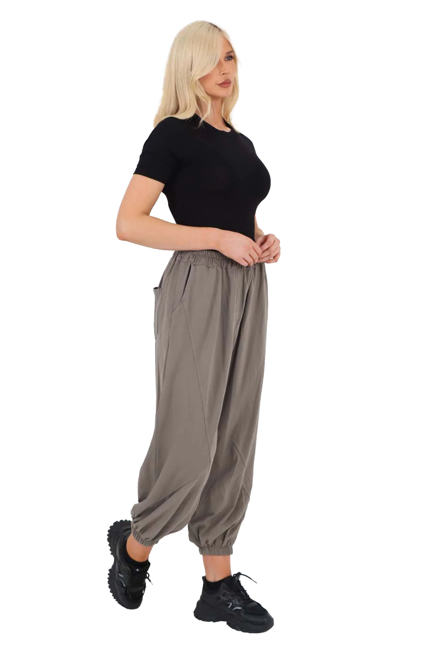 Italian Ruched Hem Cotton Trousers With Side Pockets - Stone