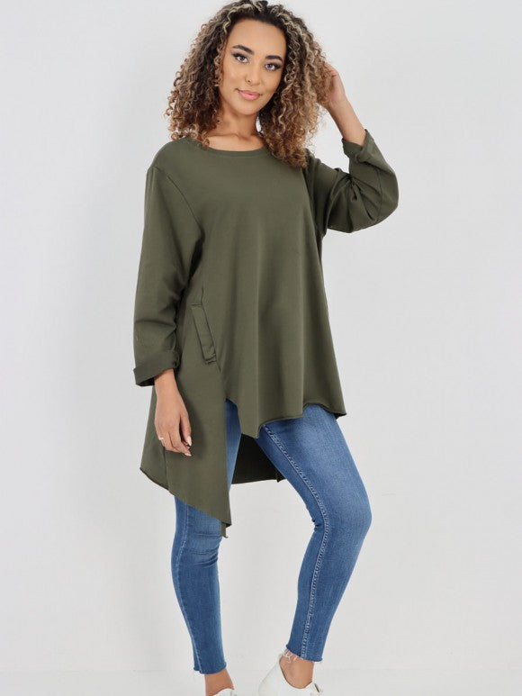 Italian Side Pockets Detail High Low Tunic Top - Army Green