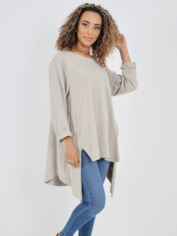 Italian Side Pockets Detail High Low Tunic Top - Beige