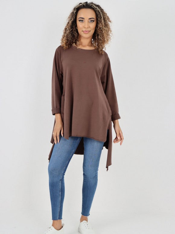 Italian Side Pockets Detail High Low Tunic Top - Chocolate