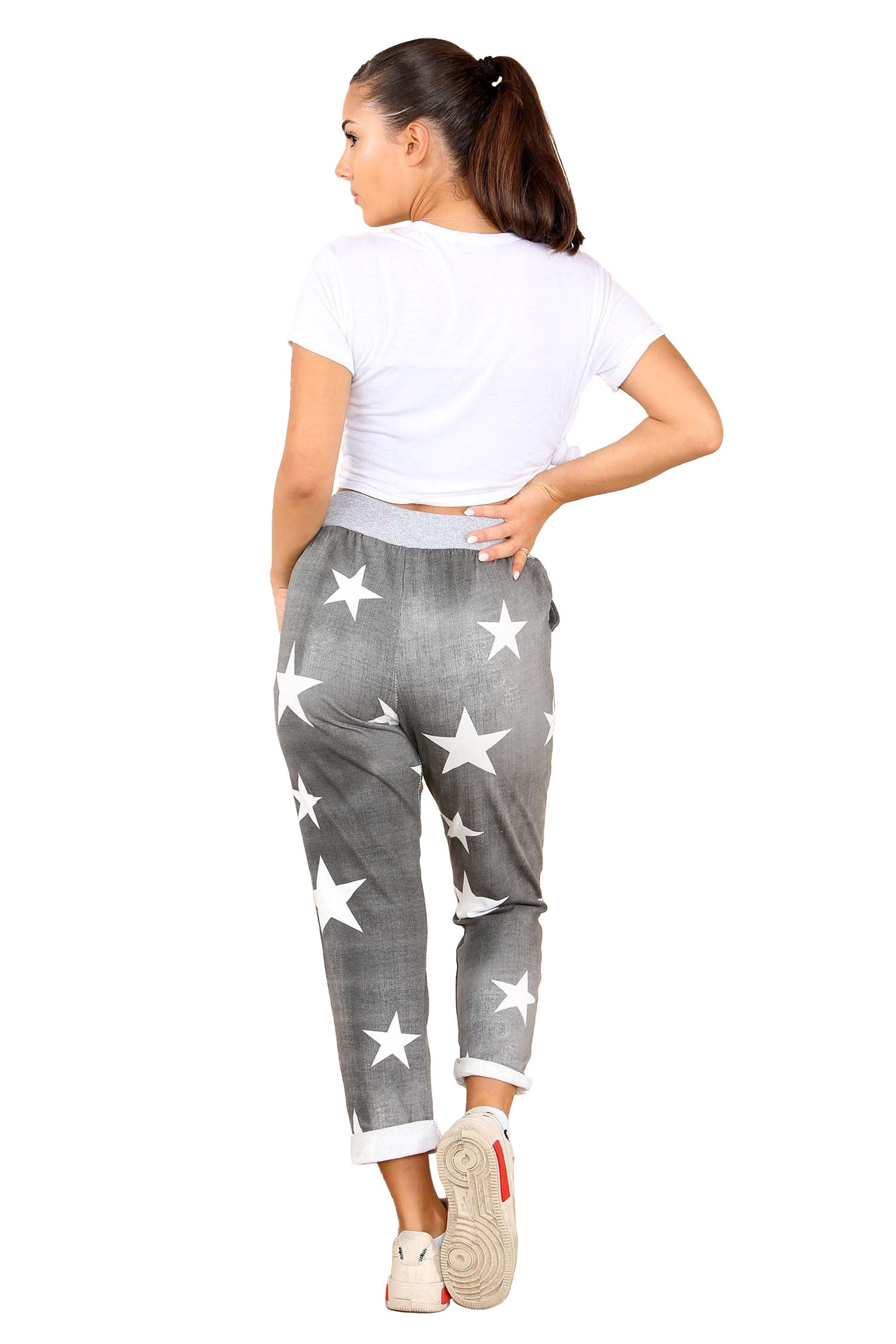 Italian Star Print Drawstring Cotton Joggers - Black