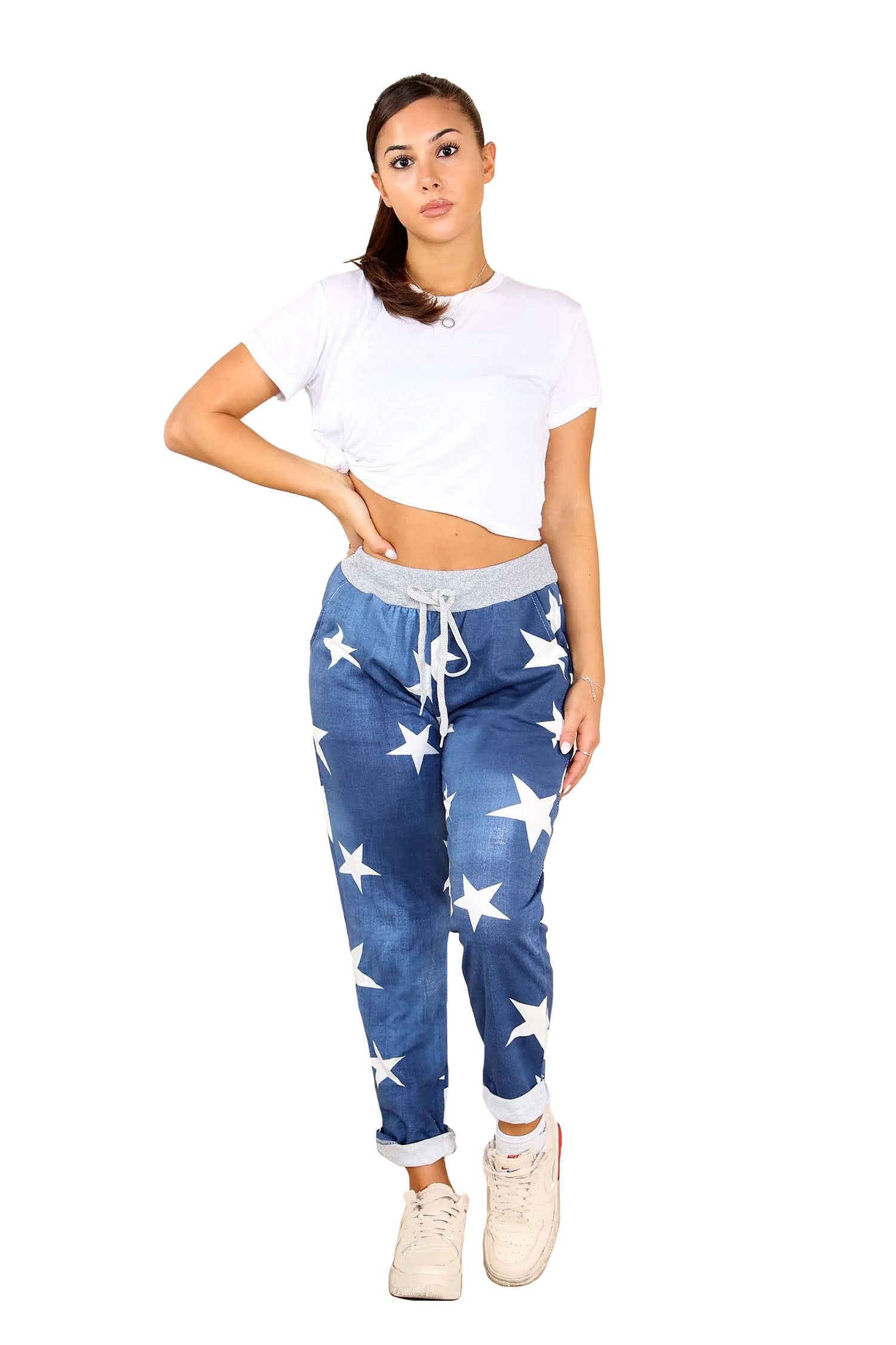 Italian Star Print Drawstring Cotton Joggers - Dark Denim