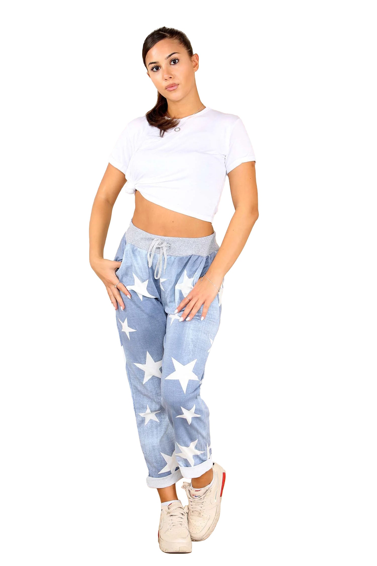 Italian Star Print Drawstring Cotton Joggers - Light Denim