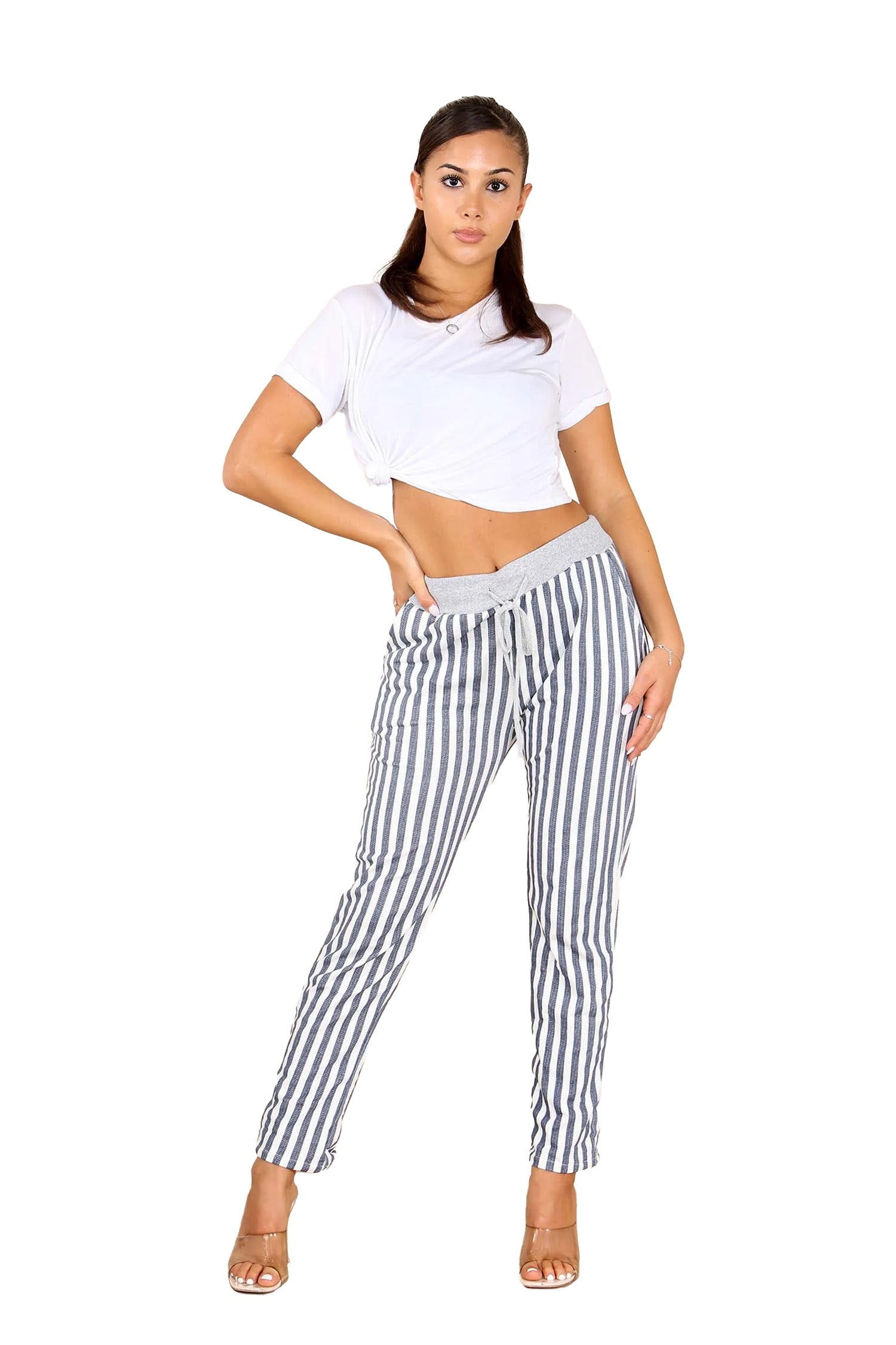 Italian Stripe Print Drawstring Cotton Joggers - Grey