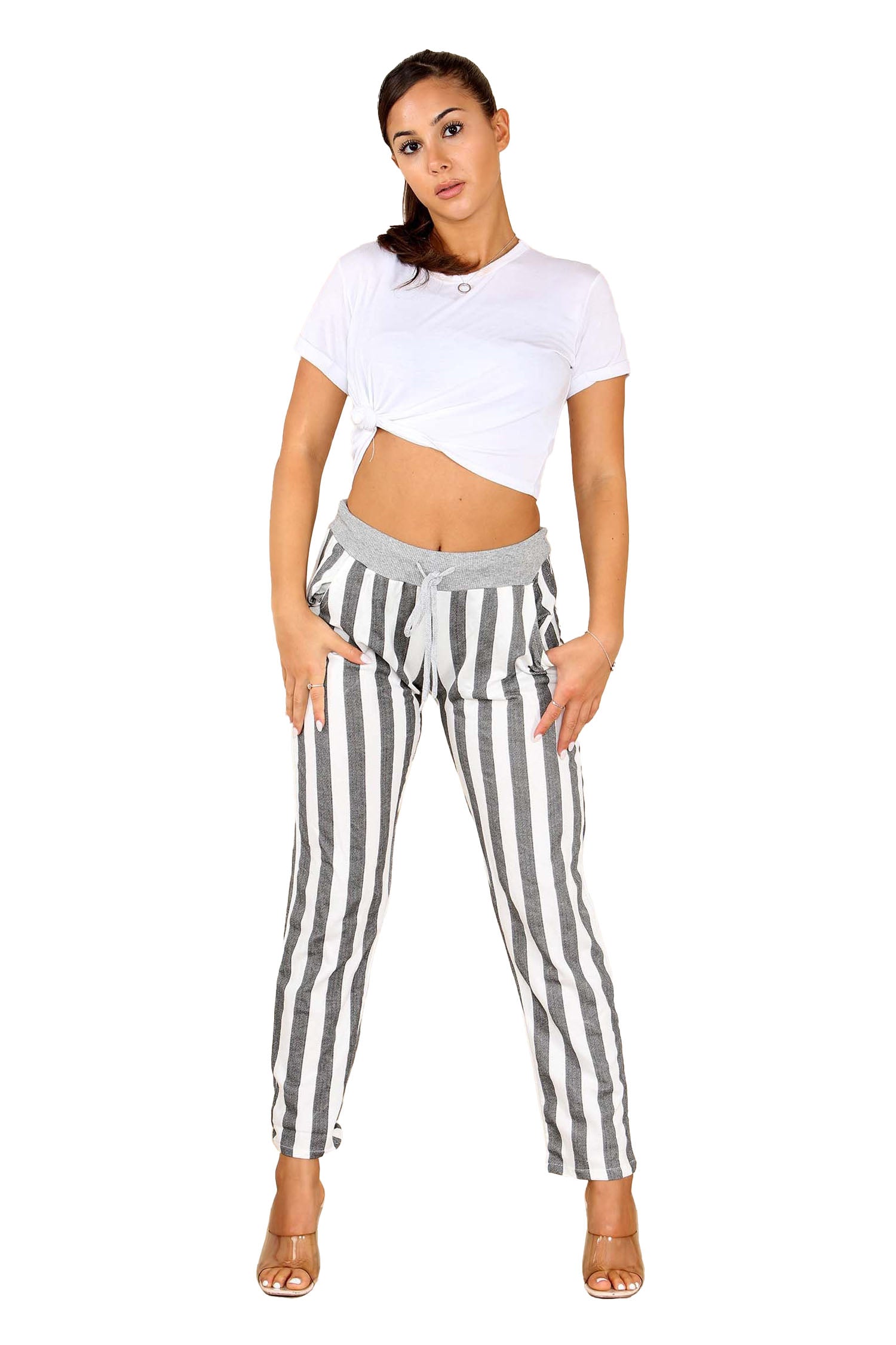 Italian Striped Print Drawstring Cotton Joggers - Black