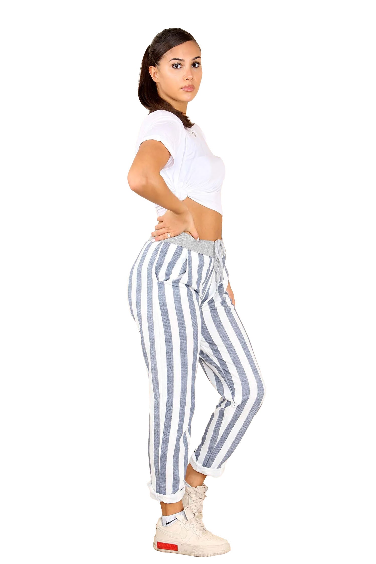 Italian Striped Print Drawstring Cotton Joggers - Denim Blue