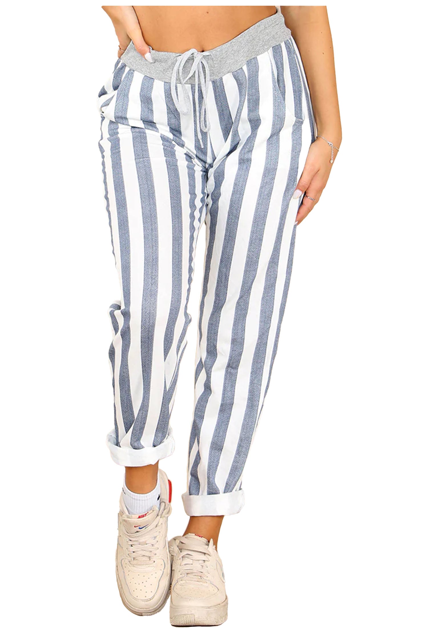 Italian Striped Print Drawstring Cotton Joggers - Denim Blue