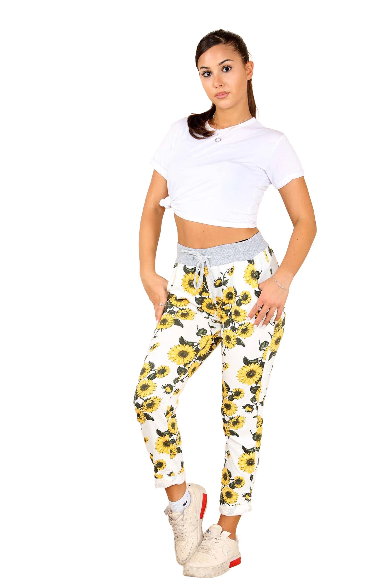 Italian Sunflower Print Drawstring Cotton Joggers - White