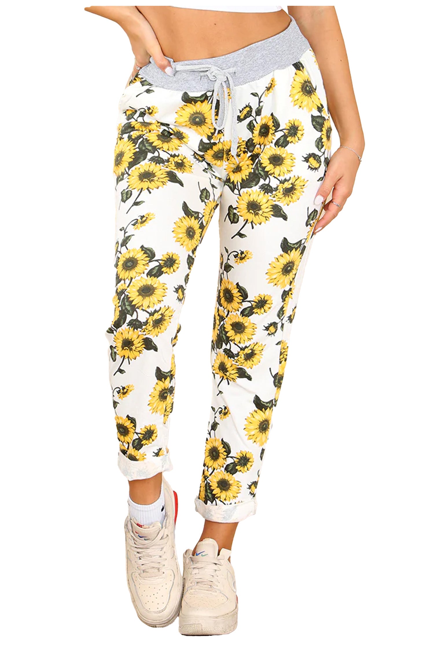 Italian Sunflower Print Drawstring Cotton Joggers - White