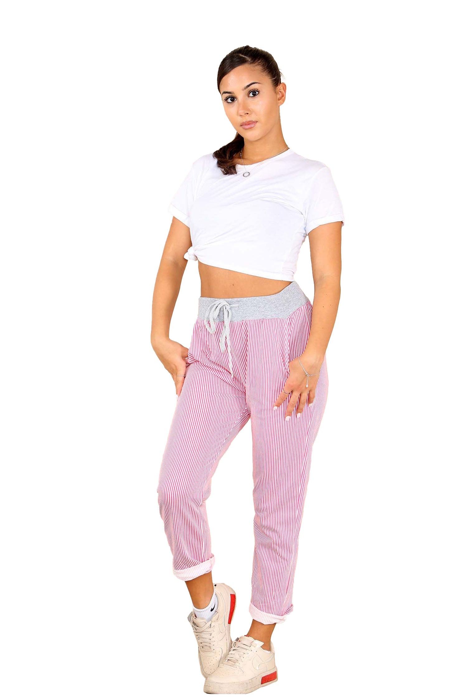 Italian Thin Stripes Print Drawstring Cotton Joggers - Pink