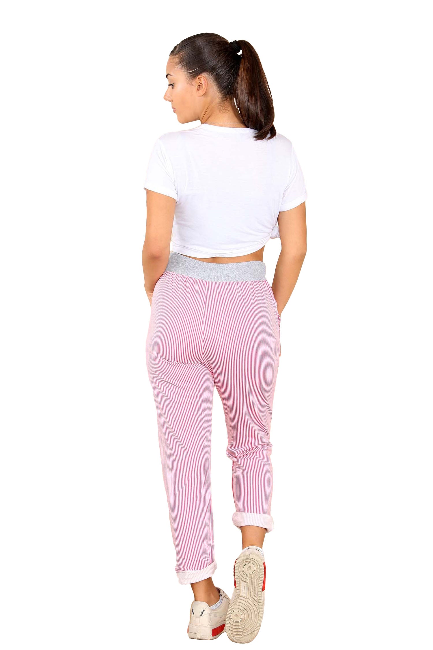 Italian Thin Stripes Print Drawstring Cotton Joggers - Pink