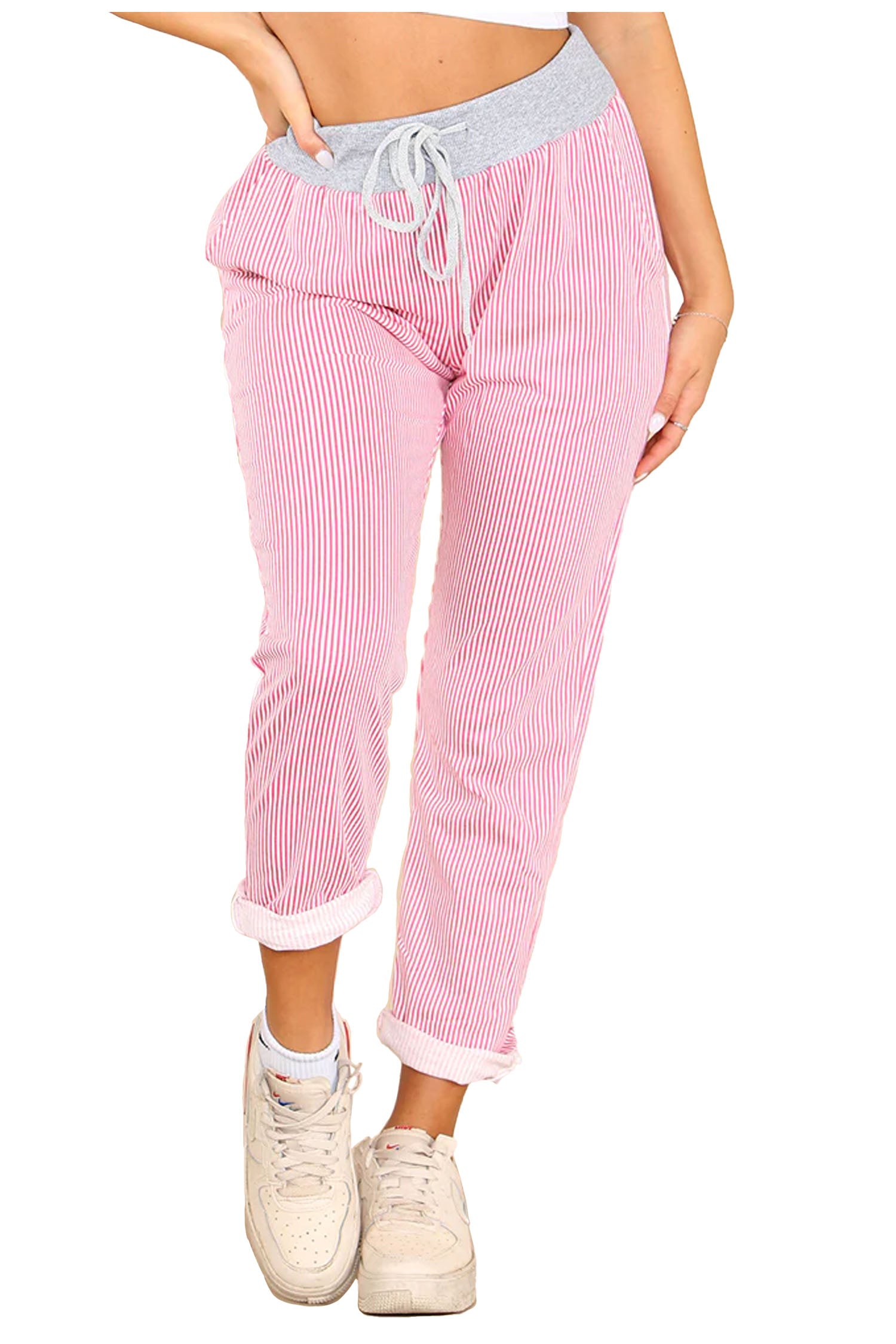 Italian Thin Stripes Print Drawstring Cotton Joggers - Pink