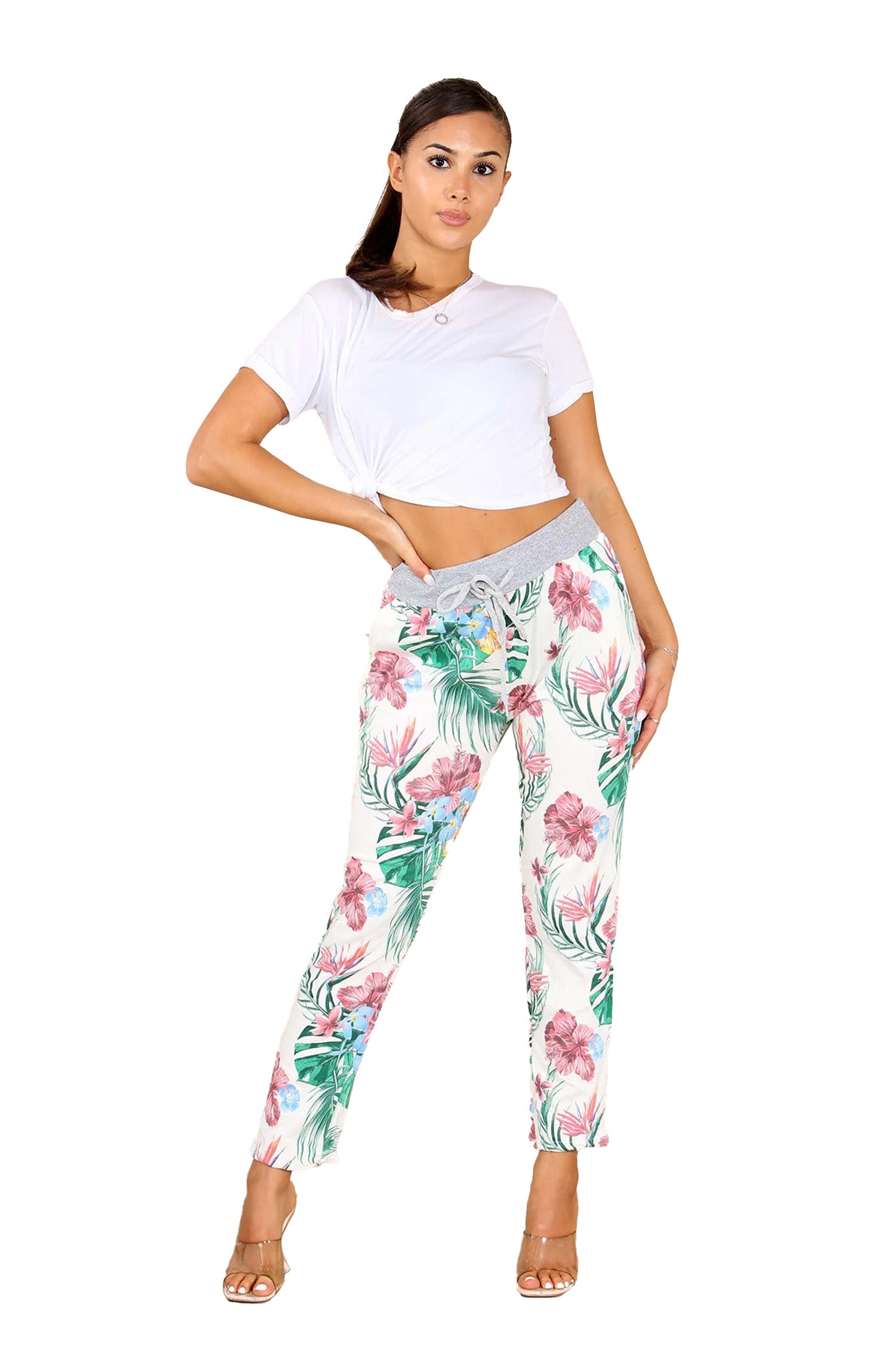 Italian Tropical Print Drawstring Cotton Joggers - White